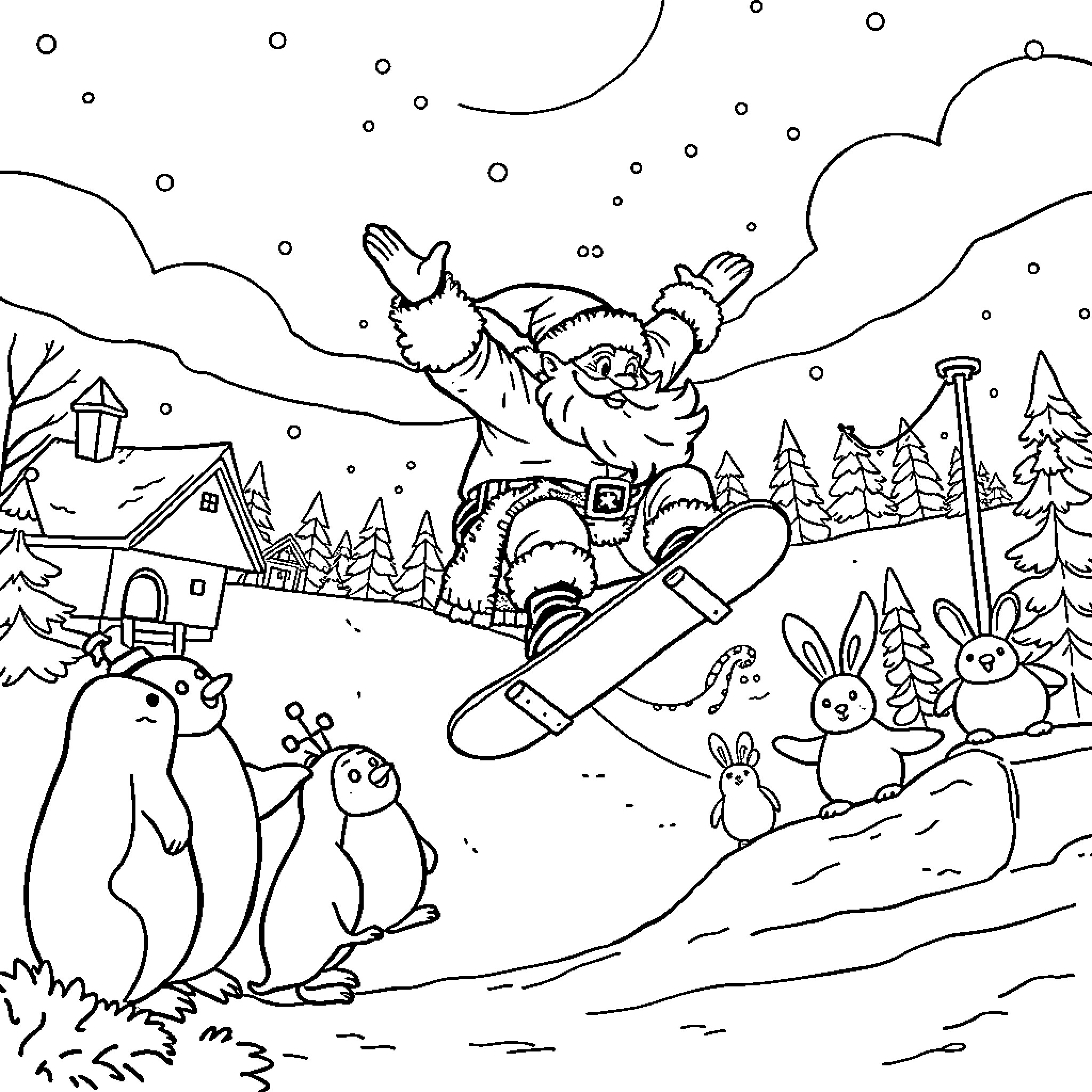 Santa Snowboarding with Woodland Creatures in Snowy Scene Coloring Page (free black-and-white line drawing printable PDF for all, from beginners to advanced learners, including children, teens, adults, and seniors)