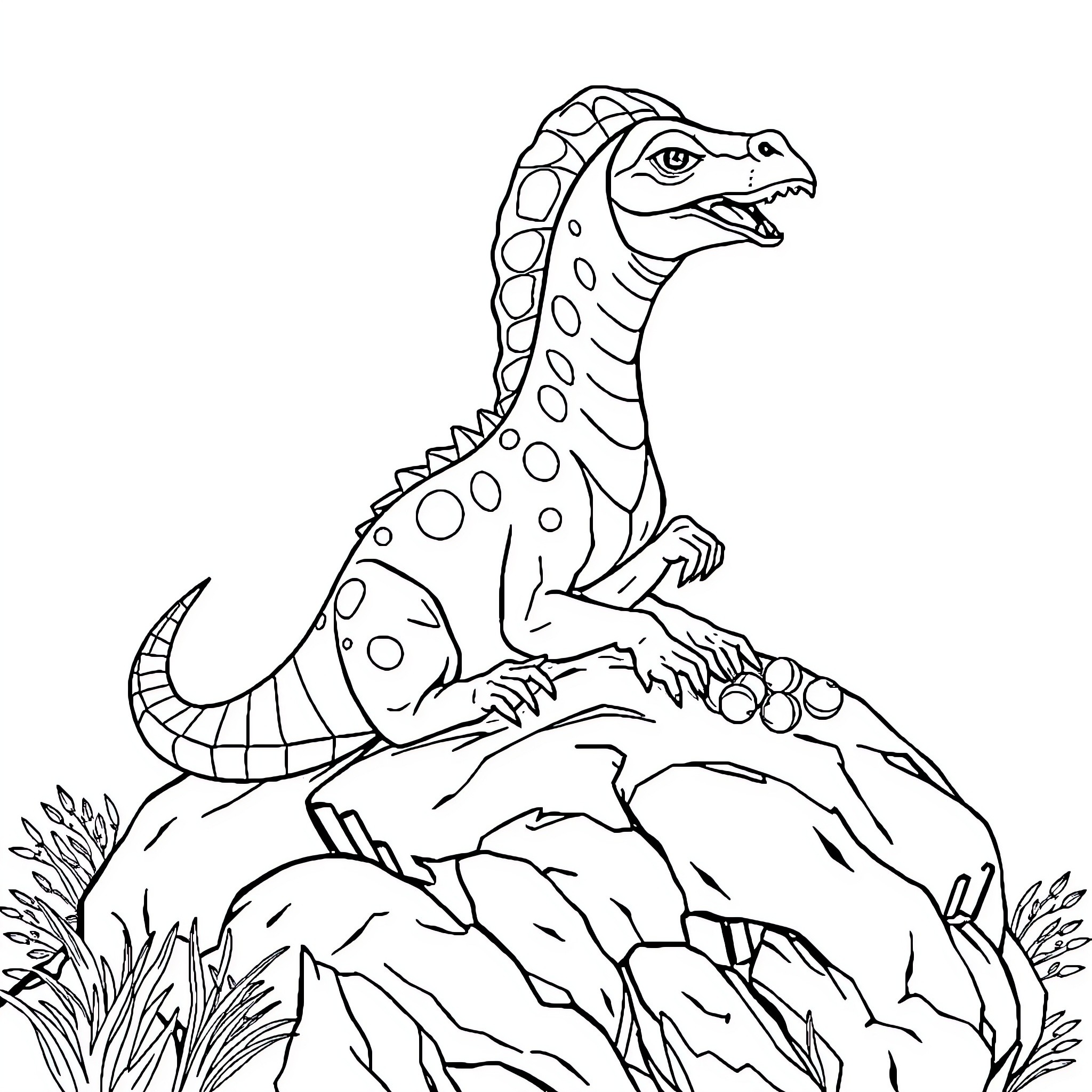 Mermaid Dinosaur Emerging from the Rocks Coloring Page (free black-and-white line drawing printable PDF for all, from beginners to advanced learners, including children, teens, adults, and seniors)
