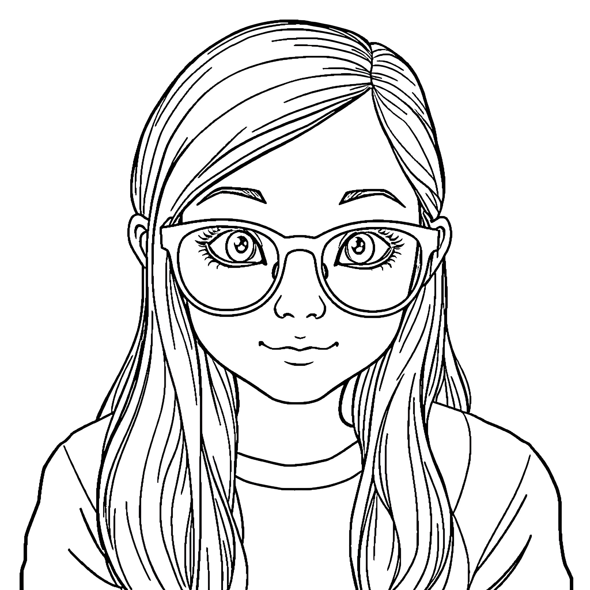 Girl with Glasses and Ponytail Coloring Page (free black-and-white line drawing printable PDF for all, from beginners to advanced learners, including children, teens, adults, and seniors)