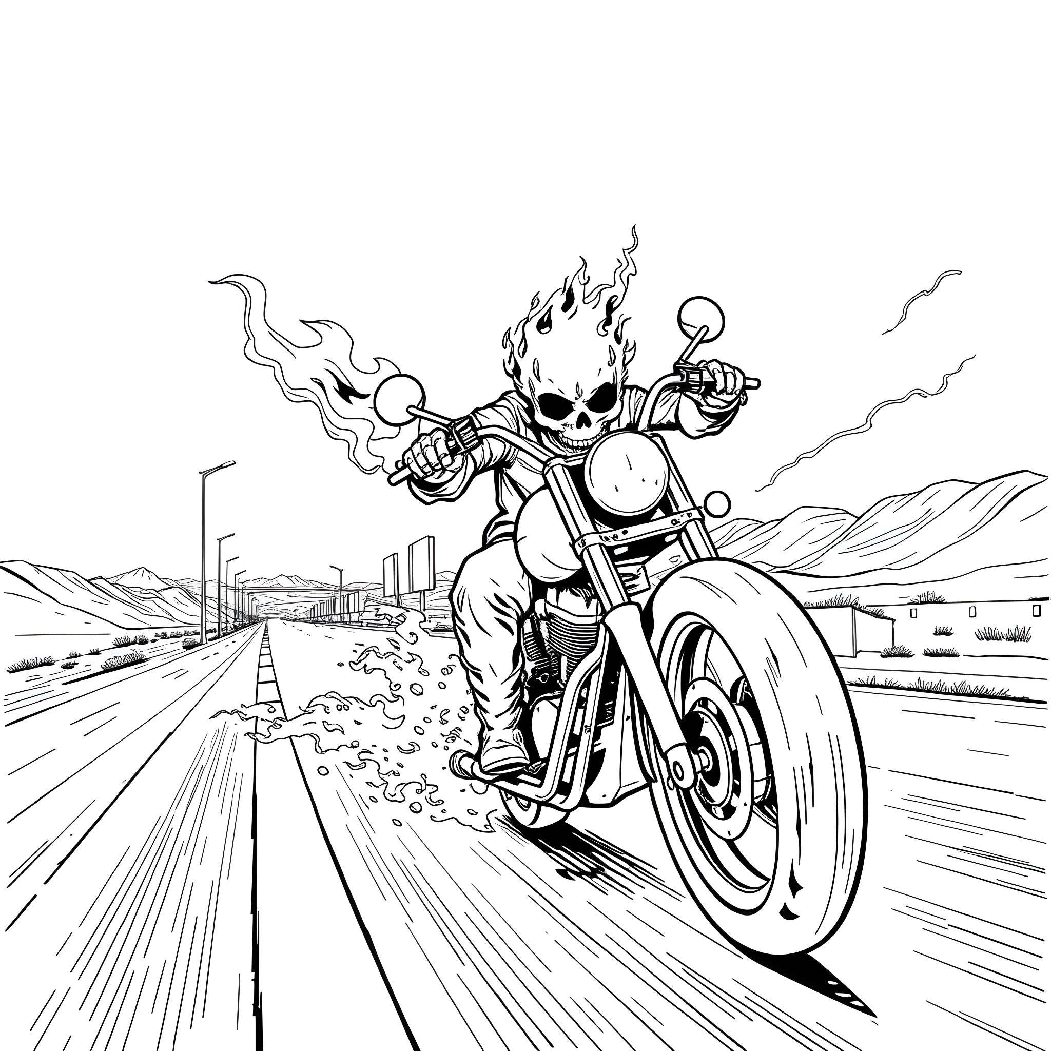 Ghost Rider speeding on a motorcycle through a dystopian landscape Coloring Page (free black-and-white line drawing printable PDF for all, from beginners to advanced learners, including children, teens, adults, and seniors)
