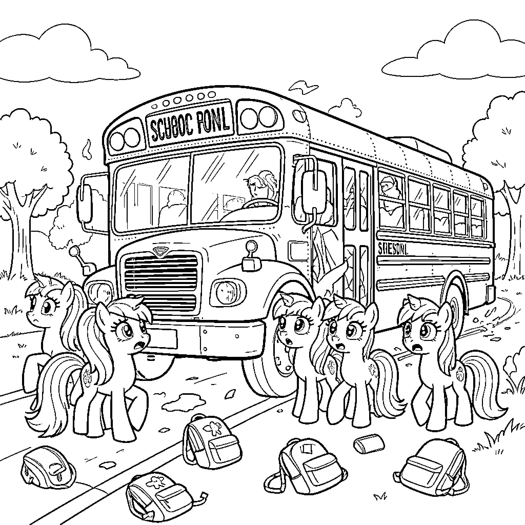 Pony students boarding the school bus Coloring Page (free black-and-white line drawing printable PDF for all, from beginners to advanced learners, including children, teens, adults, and seniors)