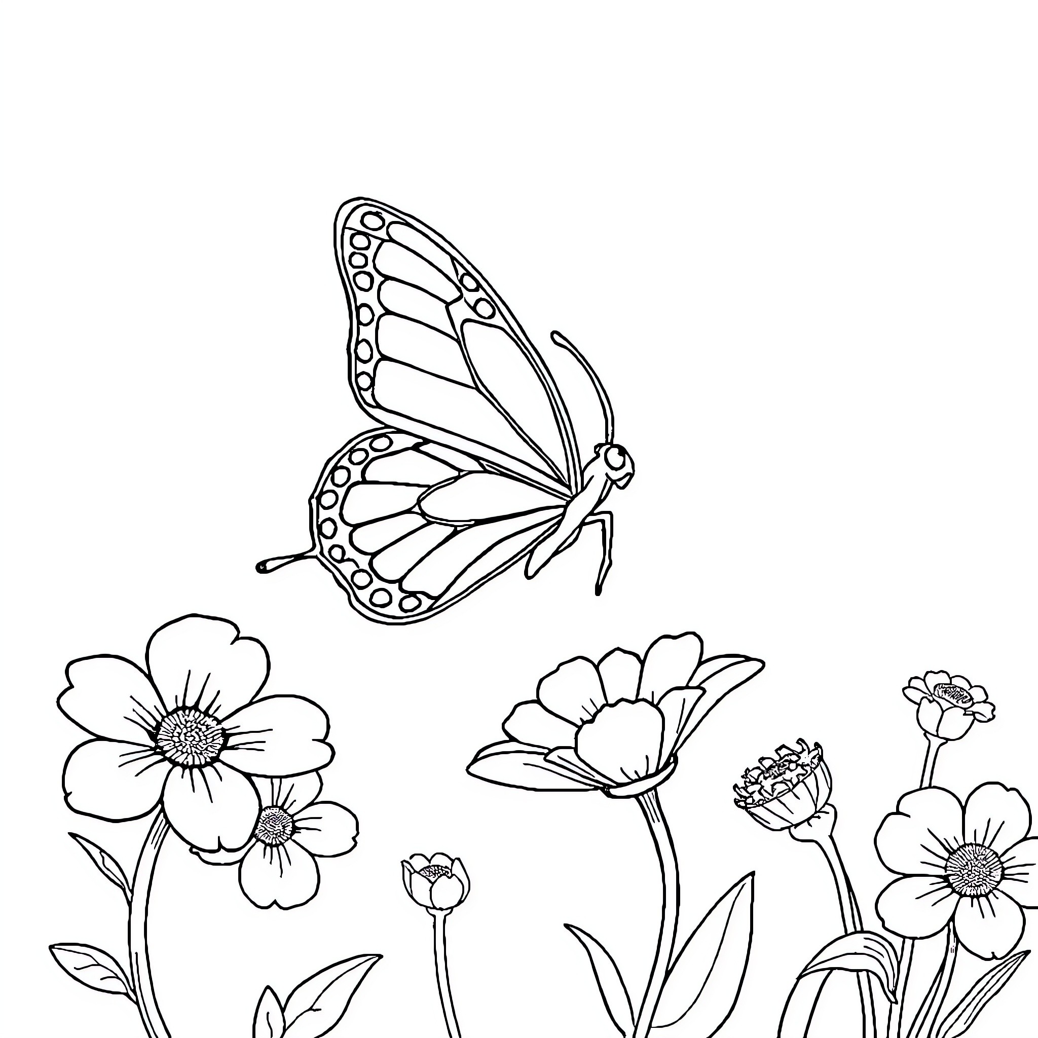 Butterfly resting among blossoming flowers Coloring Page (free black-and-white line drawing printable PDF for all, from beginners to advanced learners, including children, teens, adults, and seniors)