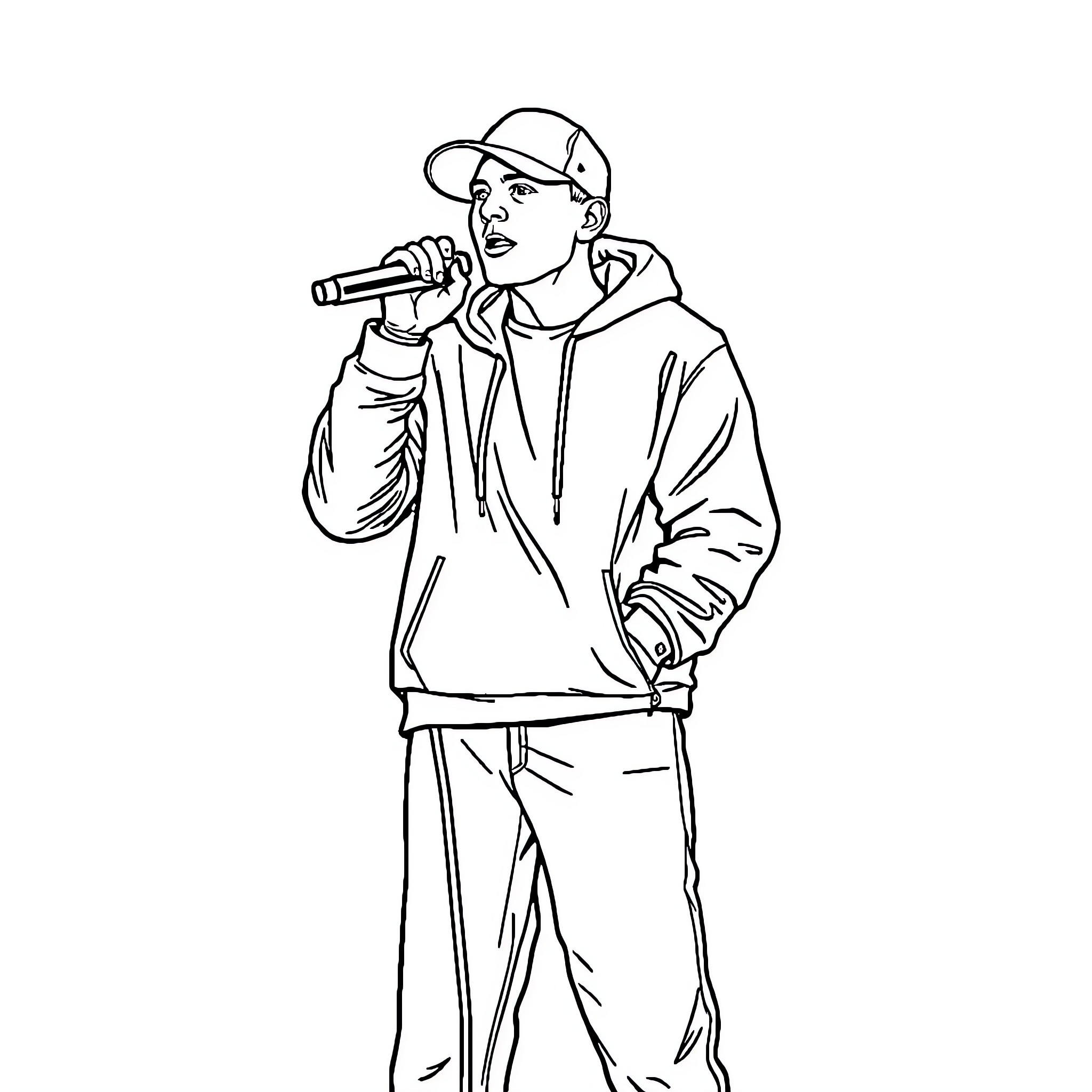 Eminem Performing on Stage with Microphone Coloring Page (free black-and-white line drawing printable PDF for all, from beginners to advanced learners, including children, teens, adults, and seniors)