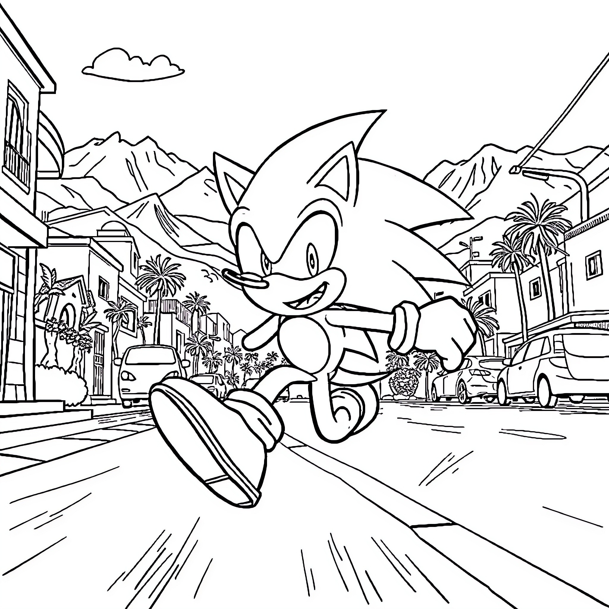 Sonic racing down a bustling urban street Coloring Page (free black-and-white line drawing printable PDF for all, from beginners to advanced learners, including children, teens, adults, and seniors)