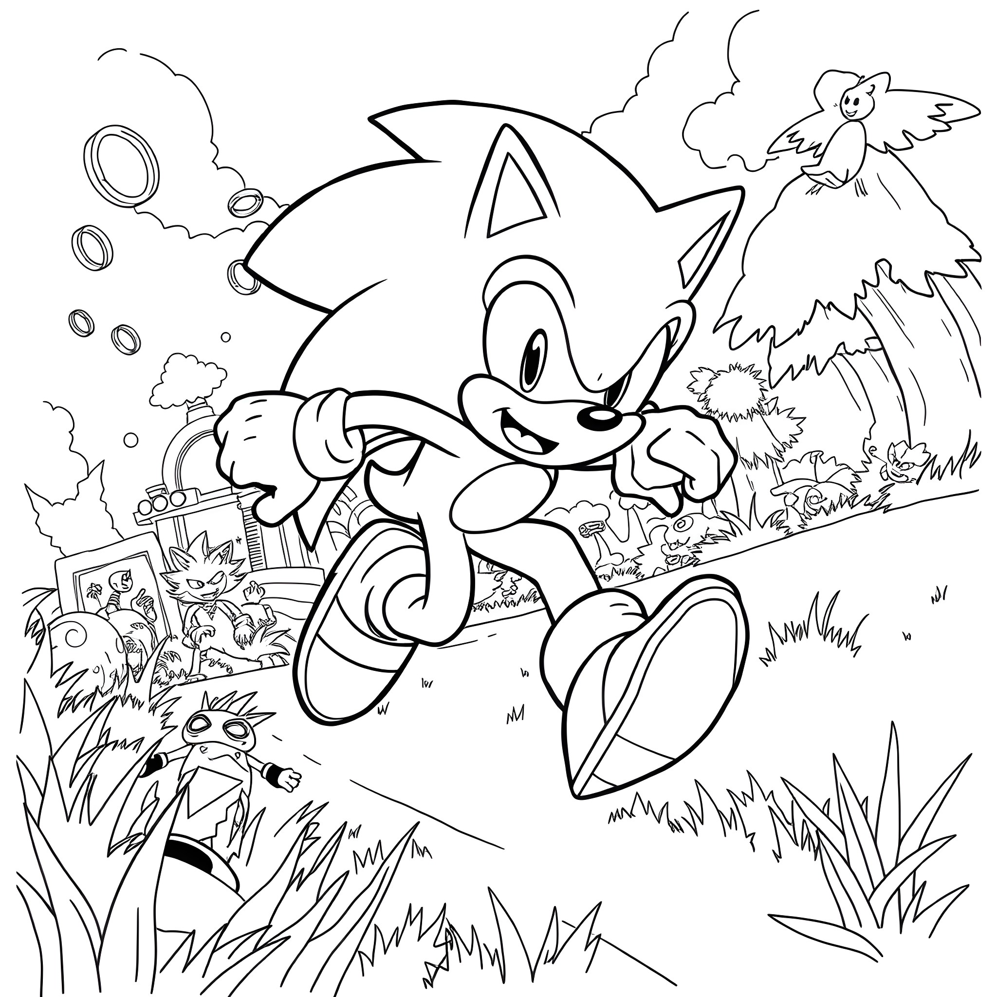 Sonic's Playful Adventure in Nature Coloring Page (free black-and-white line drawing printable PDF for all, from beginners to advanced learners, including children, teens, adults, and seniors)