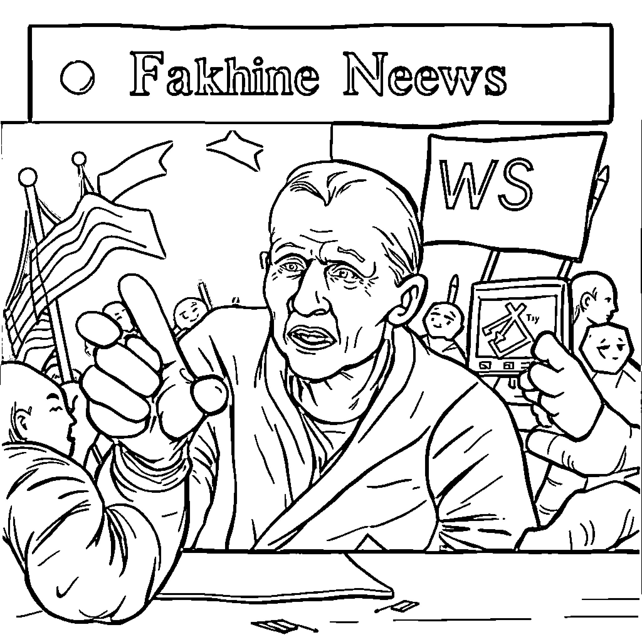 Fake News - Angry man protesting with flags and signs Coloring Page (free black-and-white line drawing printable PDF for all, from beginners to advanced learners, including children, teens, adults, and seniors)