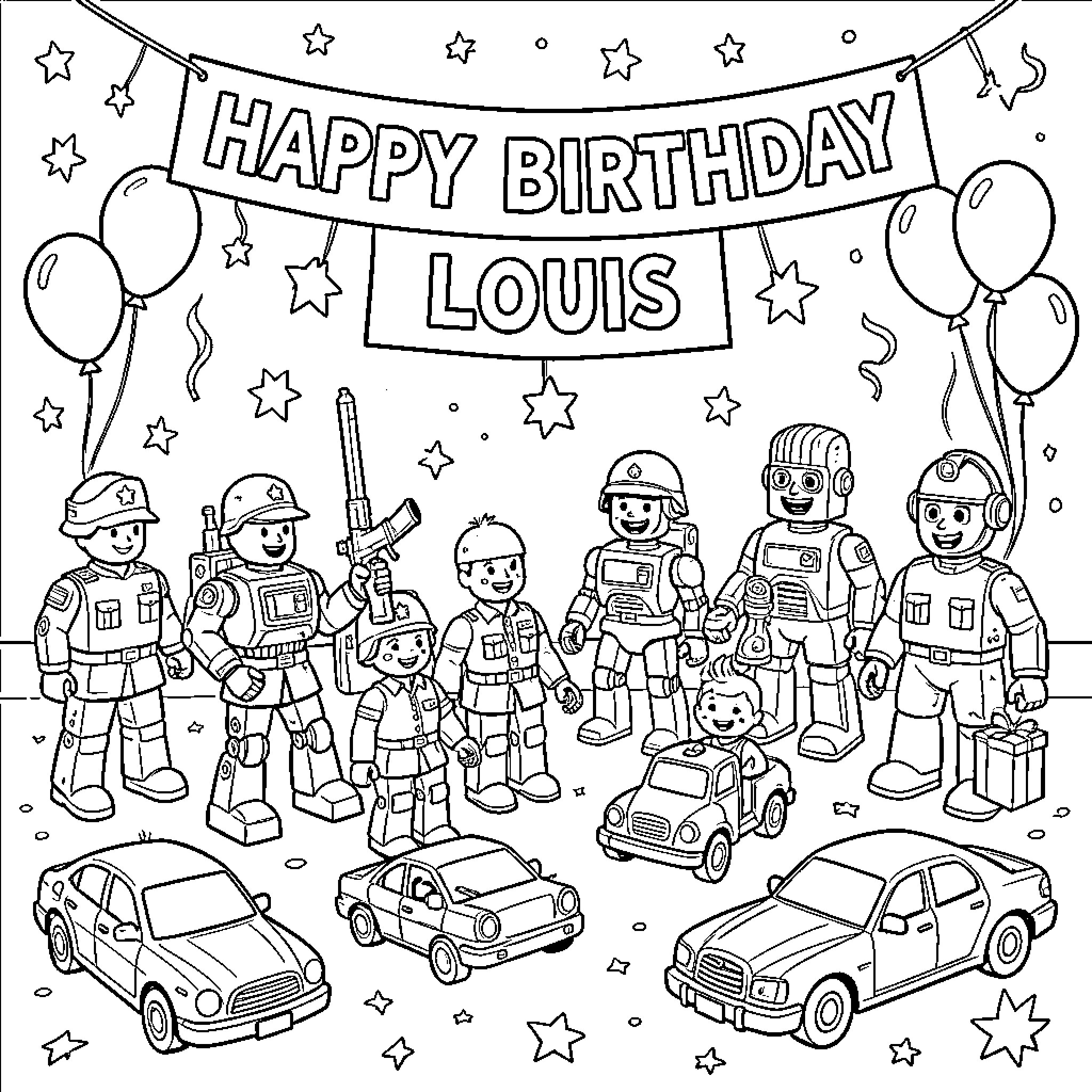 Birthday celebration with toy soldiers and vehicles Coloring Page (free black-and-white line drawing printable PDF for all, from beginners to advanced learners, including children, teens, adults, and seniors)