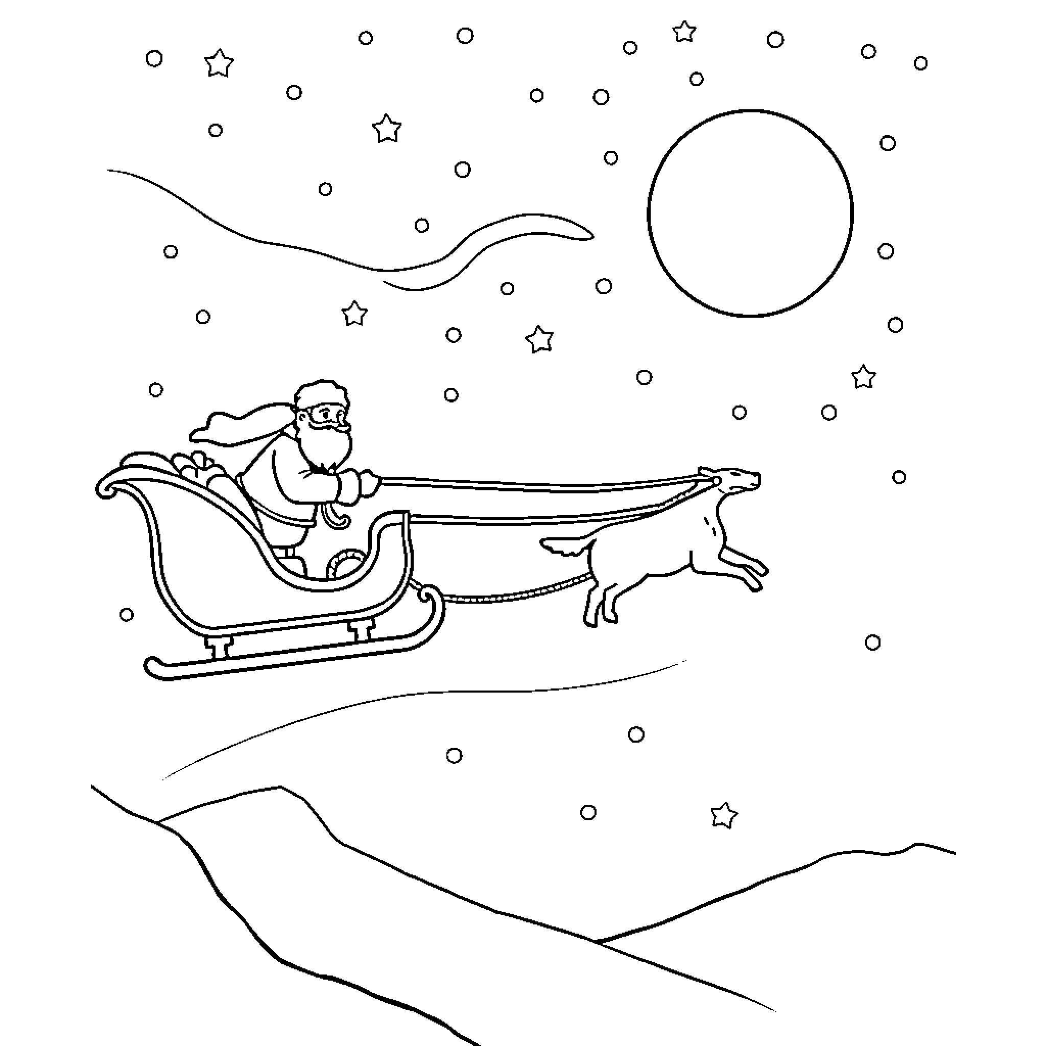 Mos Craciun rides his sleigh on a snowy night Coloring Page (free black-and-white line drawing printable PDF for all, from beginners to advanced learners, including children, teens, adults, and seniors)