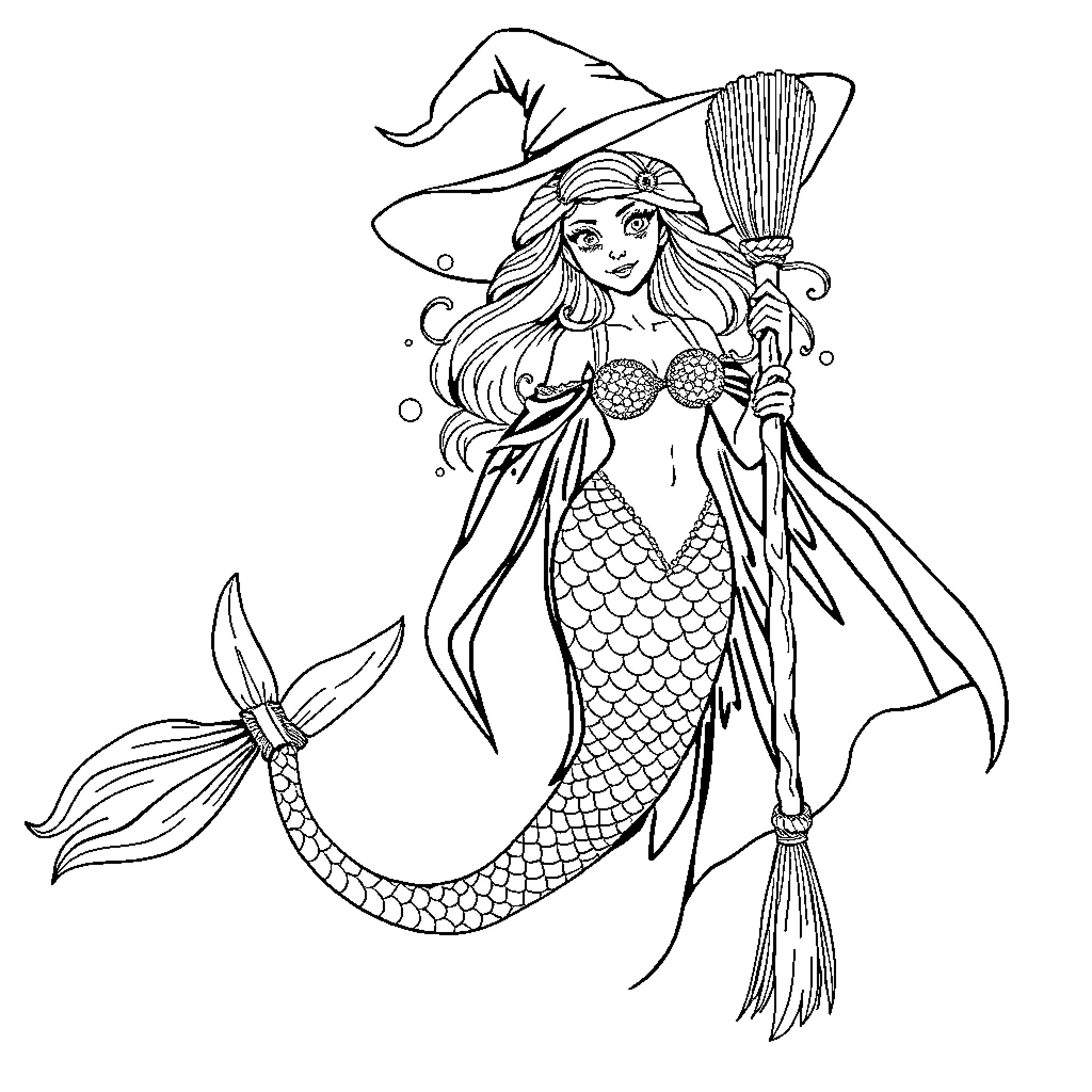 Mermaid witch with magical broom in the sea Coloring Page (free black-and-white line drawing printable PDF for all, from beginners to advanced learners, including children, teens, adults, and seniors)