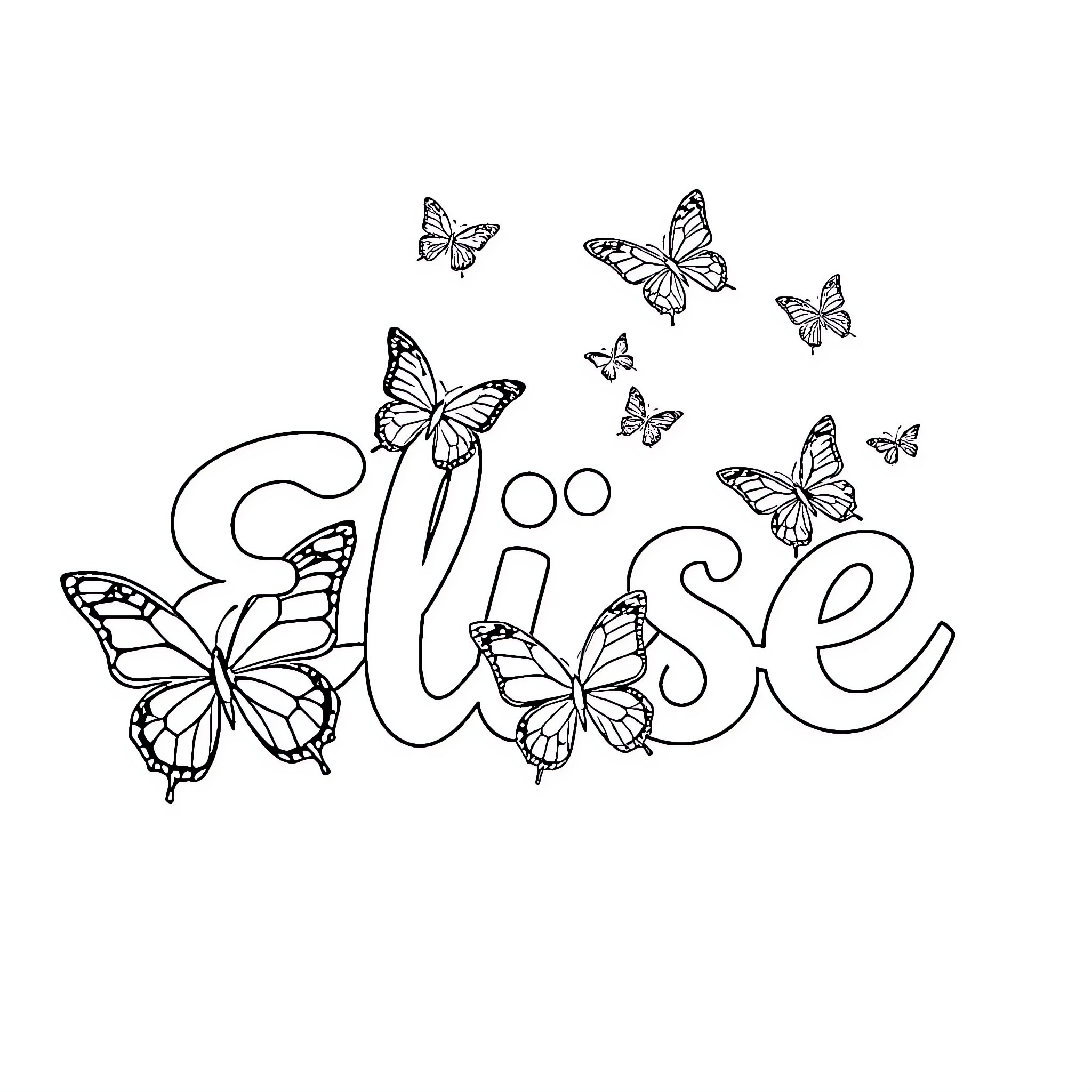 Butterfly Inspired Lettering with Fluttering Butterflies Coloring Page (free black-and-white line drawing printable PDF for all, from beginners to advanced learners, including children, teens, adults, and seniors)