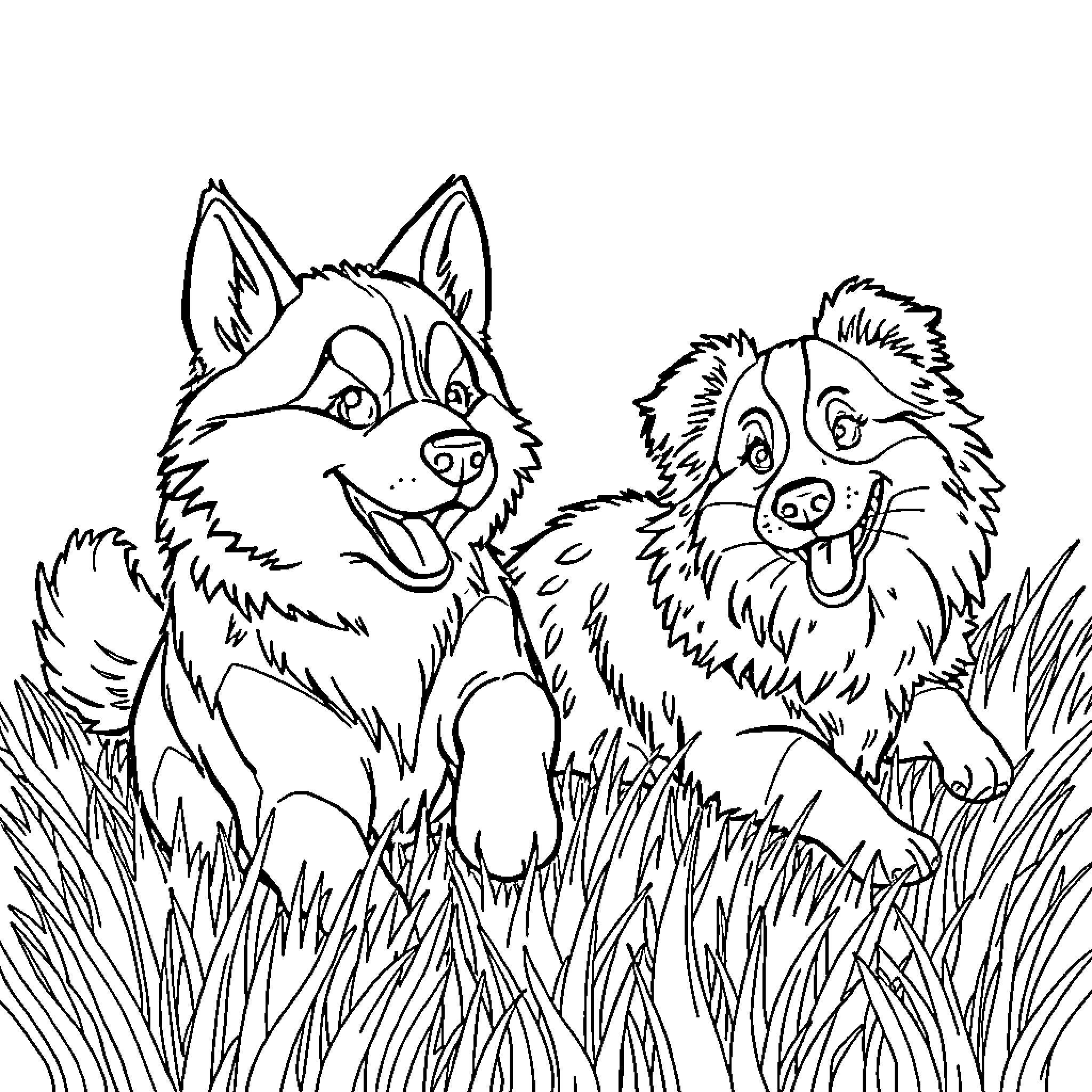 Husky dogs playing happily in the grass Coloring Page (free black-and-white line drawing printable PDF for all, from beginners to advanced learners, including children, teens, adults, and seniors)