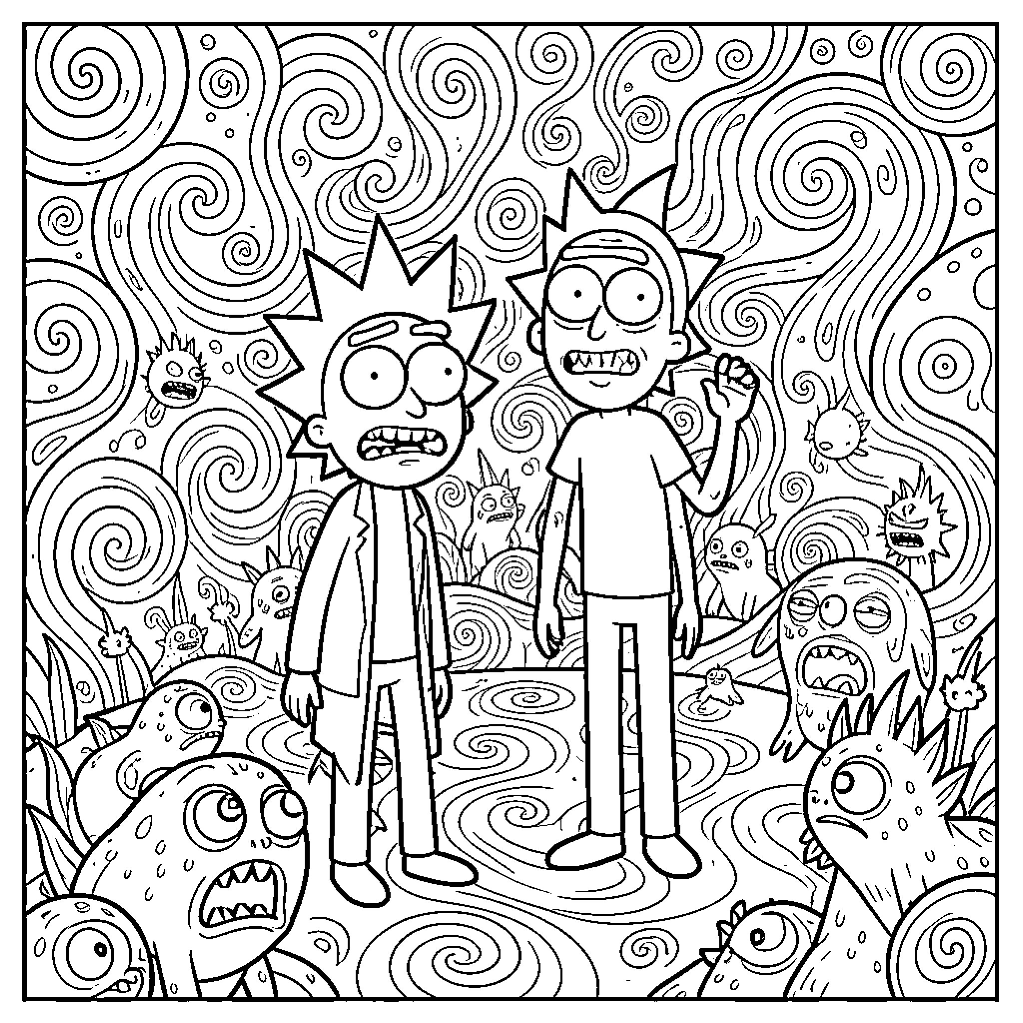 Rick and Morty's Wacky Adventures in the Surreal Dimension Coloring Page (free black-and-white line drawing printable PDF for all, from beginners to advanced learners, including children, teens, adults, and seniors)