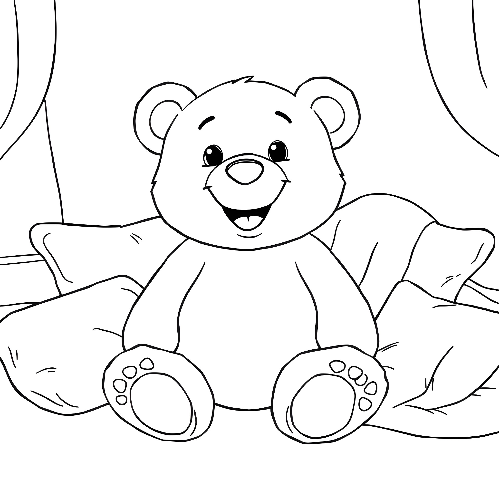 Teddy Bear sitting happily in the room Coloring Page (free black-and-white line drawing printable PDF for all, from beginners to advanced learners, including children, teens, adults, and seniors)