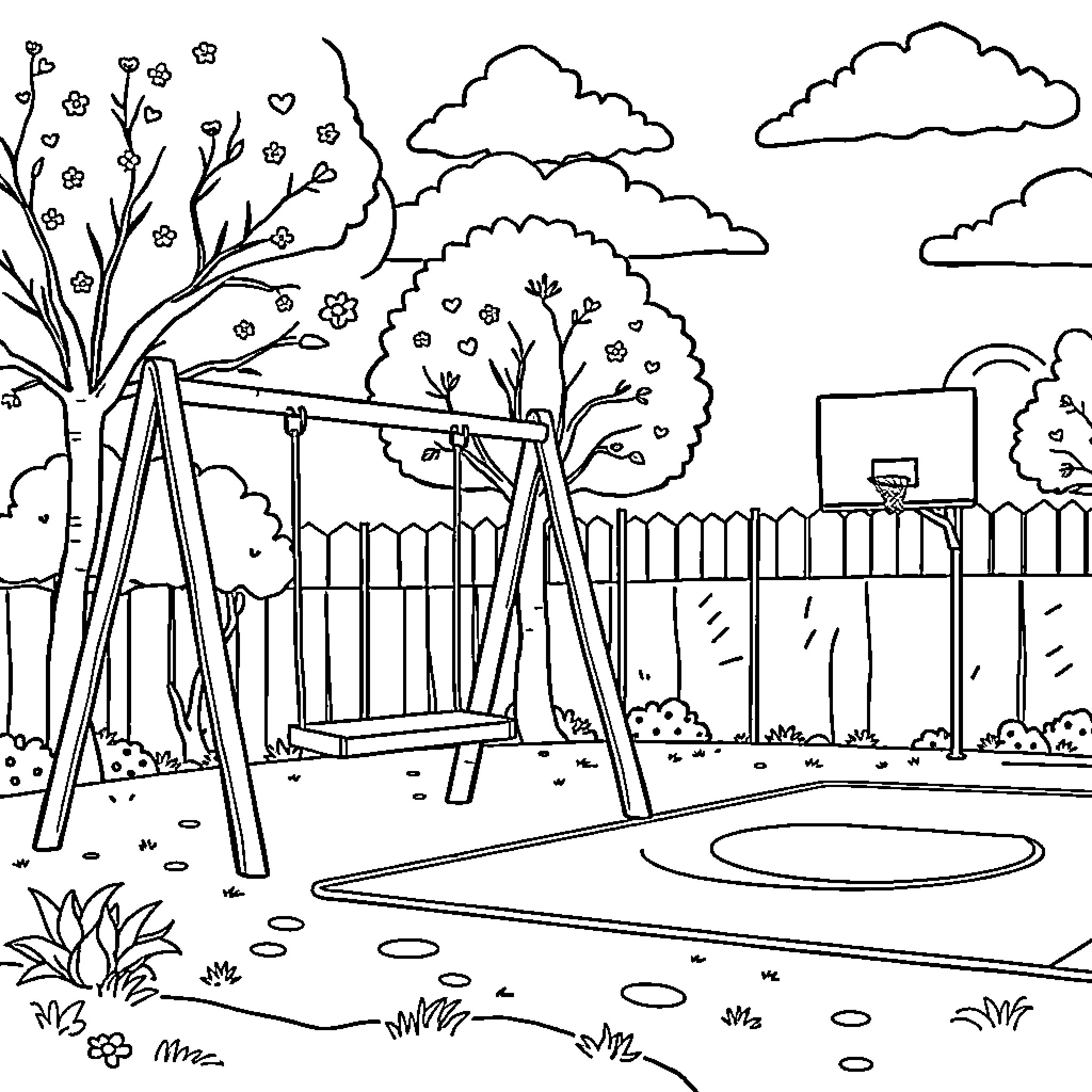 Playground with swings and basketball hoop in scenic outdoor setting Coloring Page (free black-and-white line drawing printable PDF for all, from beginners to advanced learners, including children, teens, adults, and seniors)