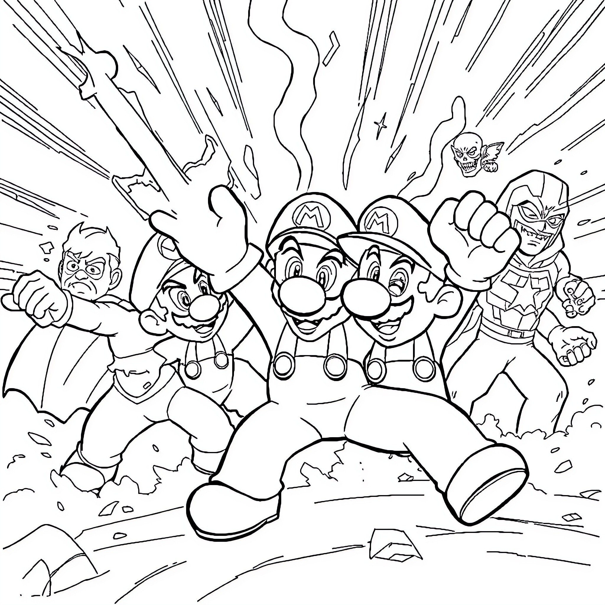 Mario and Friends in Epic Battle Coloring Page (free black-and-white line drawing printable PDF for all, from beginners to advanced learners, including children, teens, adults, and seniors)