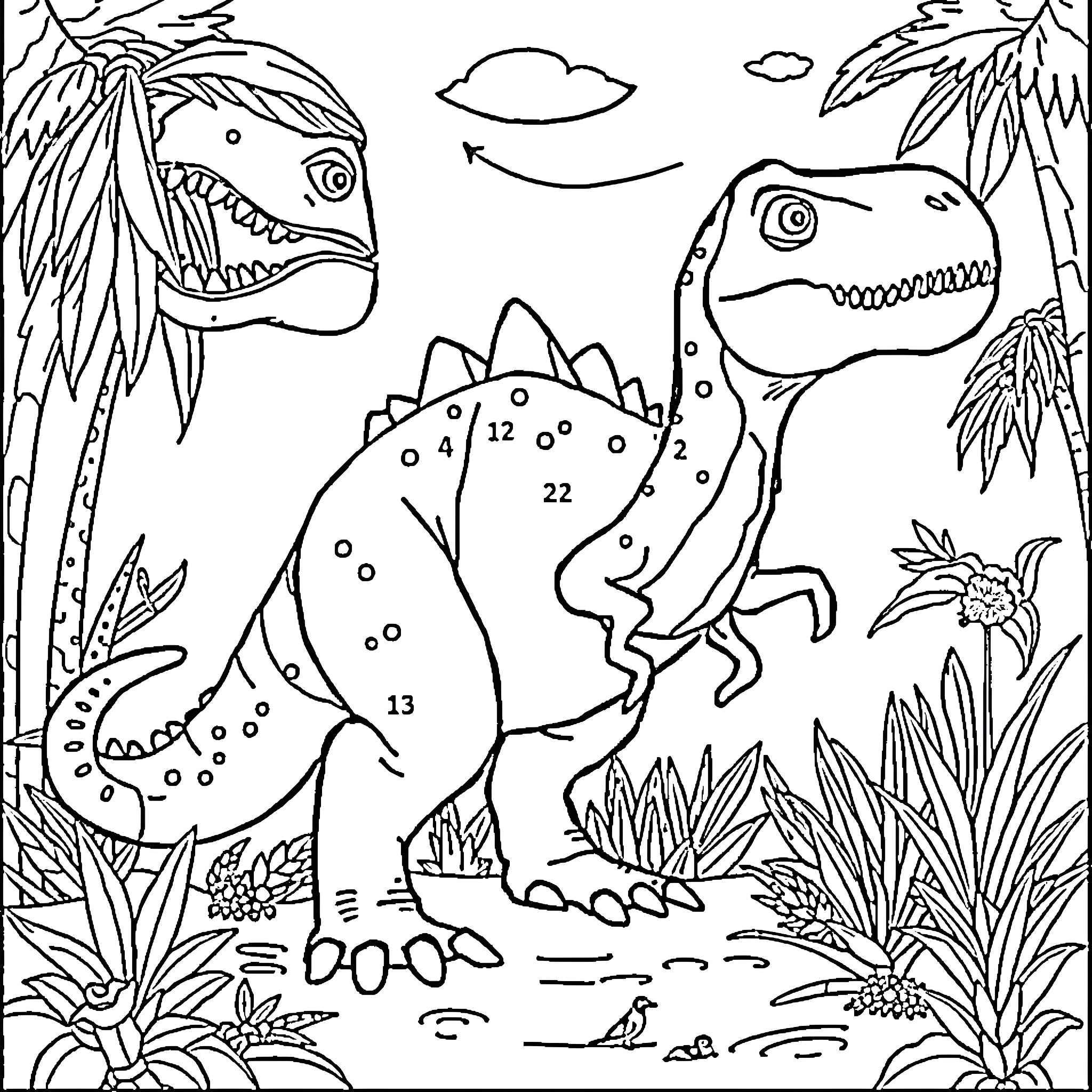 Dinosaurs playing in a prehistoric landscape Coloring Page (free black-and-white line drawing printable PDF for all, from beginners to advanced learners, including children, teens, adults, and seniors)