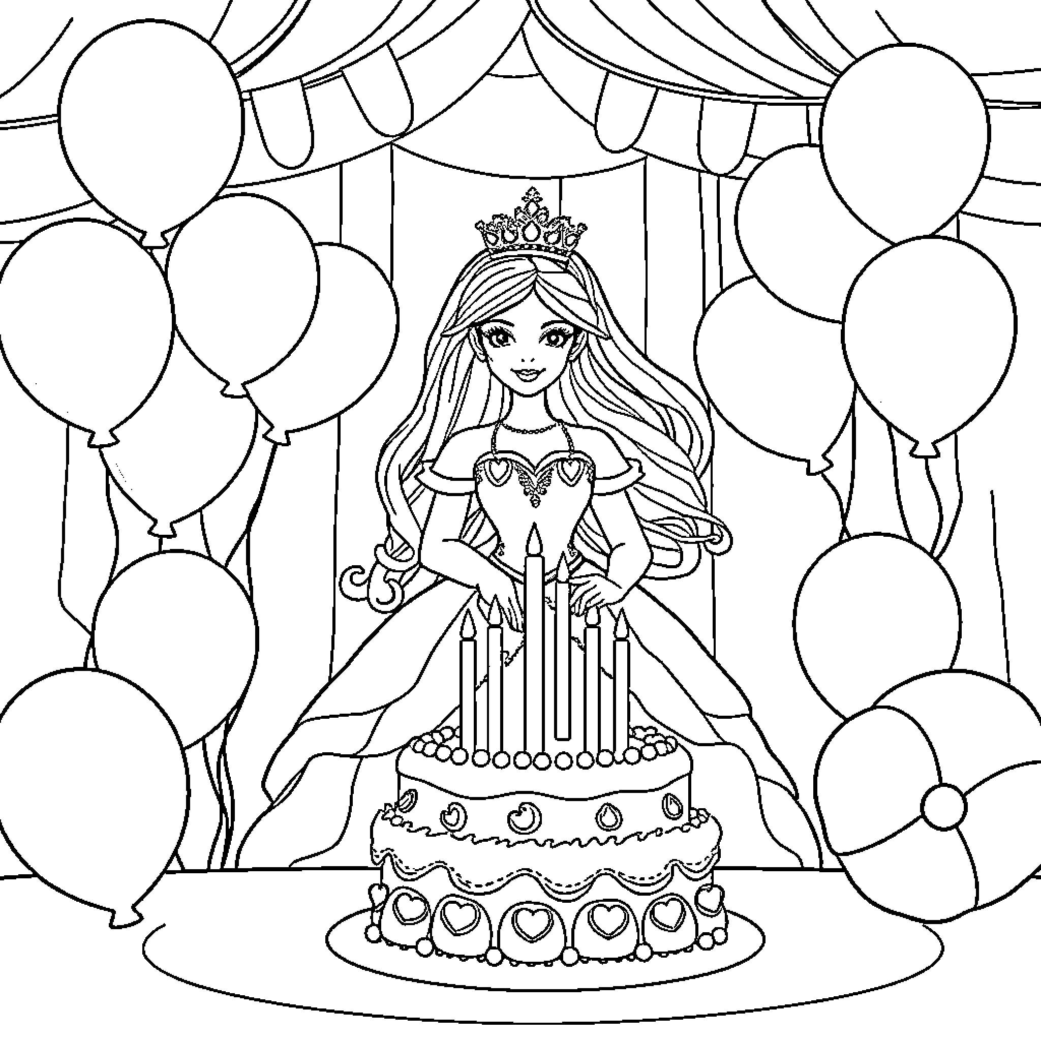 Princess Celebrating with Balloons and Cake Coloring Page (free black-and-white line drawing printable PDF for all, from beginners to advanced learners, including children, teens, adults, and seniors)