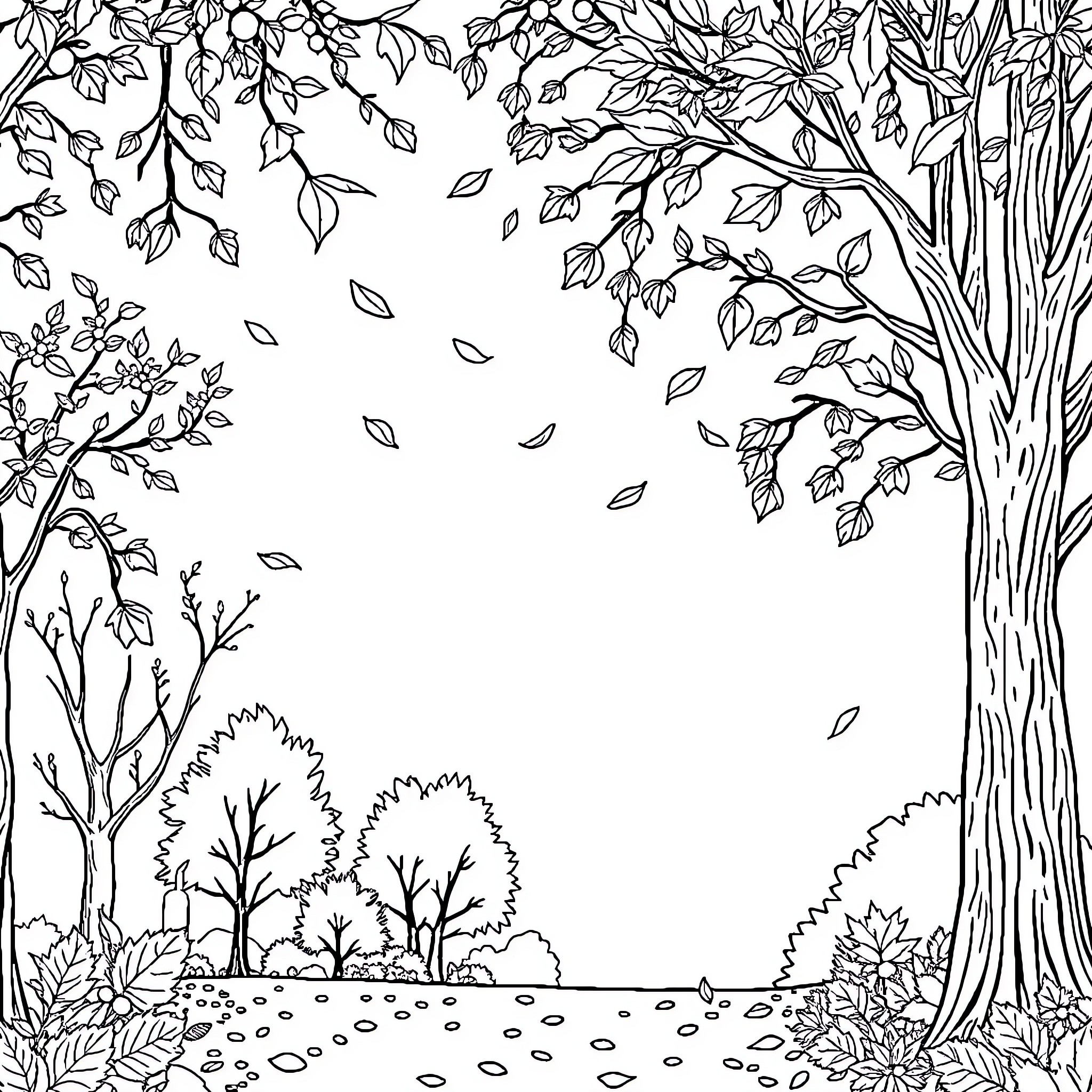 Fall foliage and trees shedding leaves Coloring Page (free black-and-white line drawing printable PDF for all, from beginners to advanced learners, including children, teens, adults, and seniors)