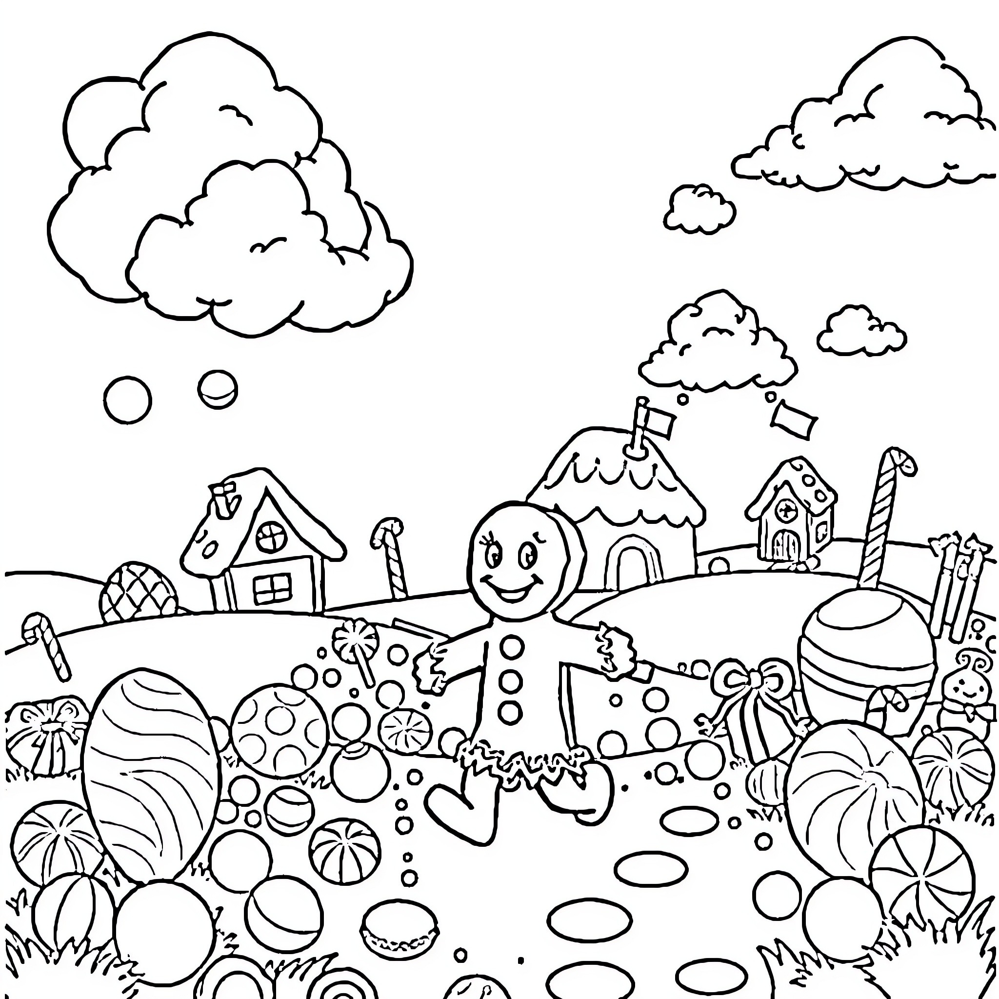 Gingerbread Man exploring a whimsical winter wonderland Coloring Page (free black-and-white line drawing printable PDF for all, from beginners to advanced learners, including children, teens, adults, and seniors)