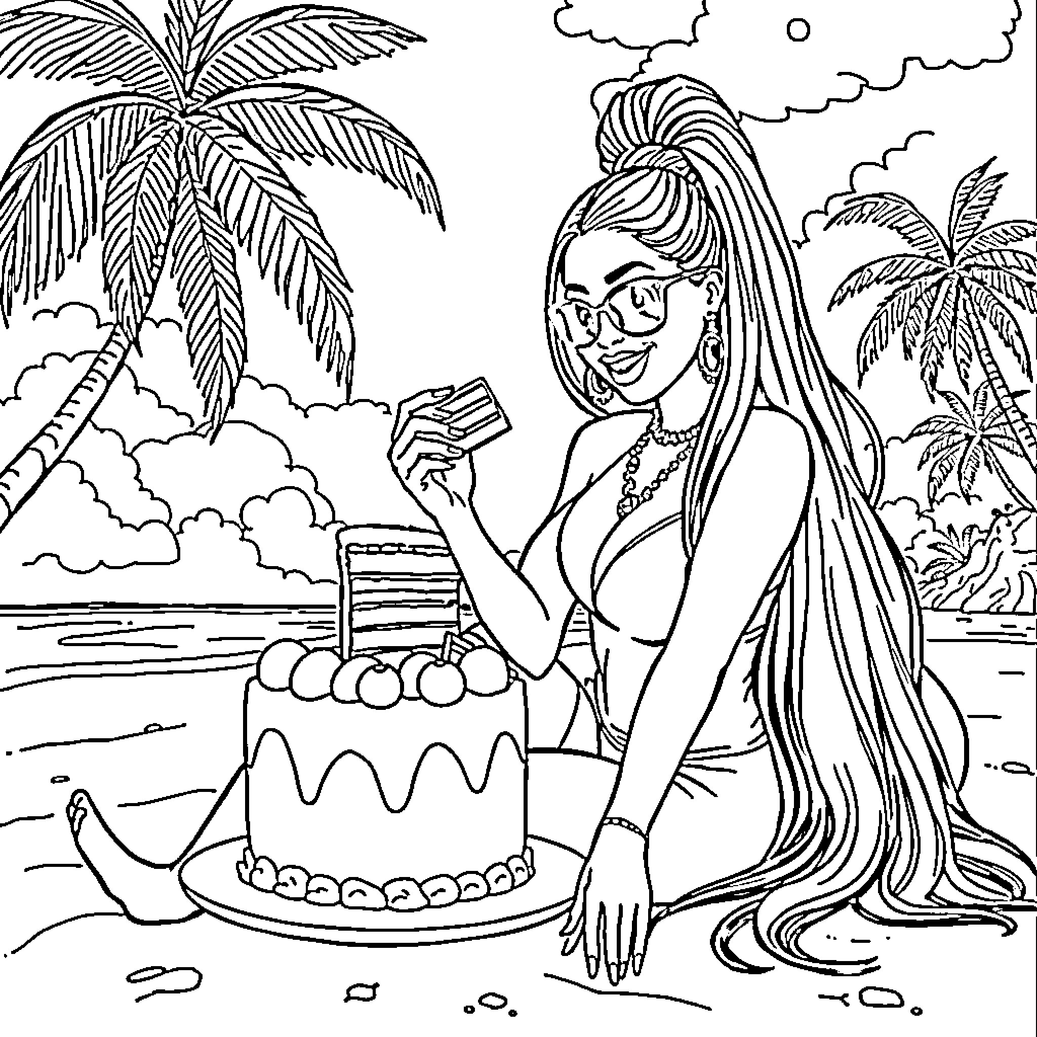 Nicki Minaj enjoying a tropical beach scene with cake Coloring Page (free black-and-white line drawing printable PDF for all, from beginners to advanced learners, including children, teens, adults, and seniors)