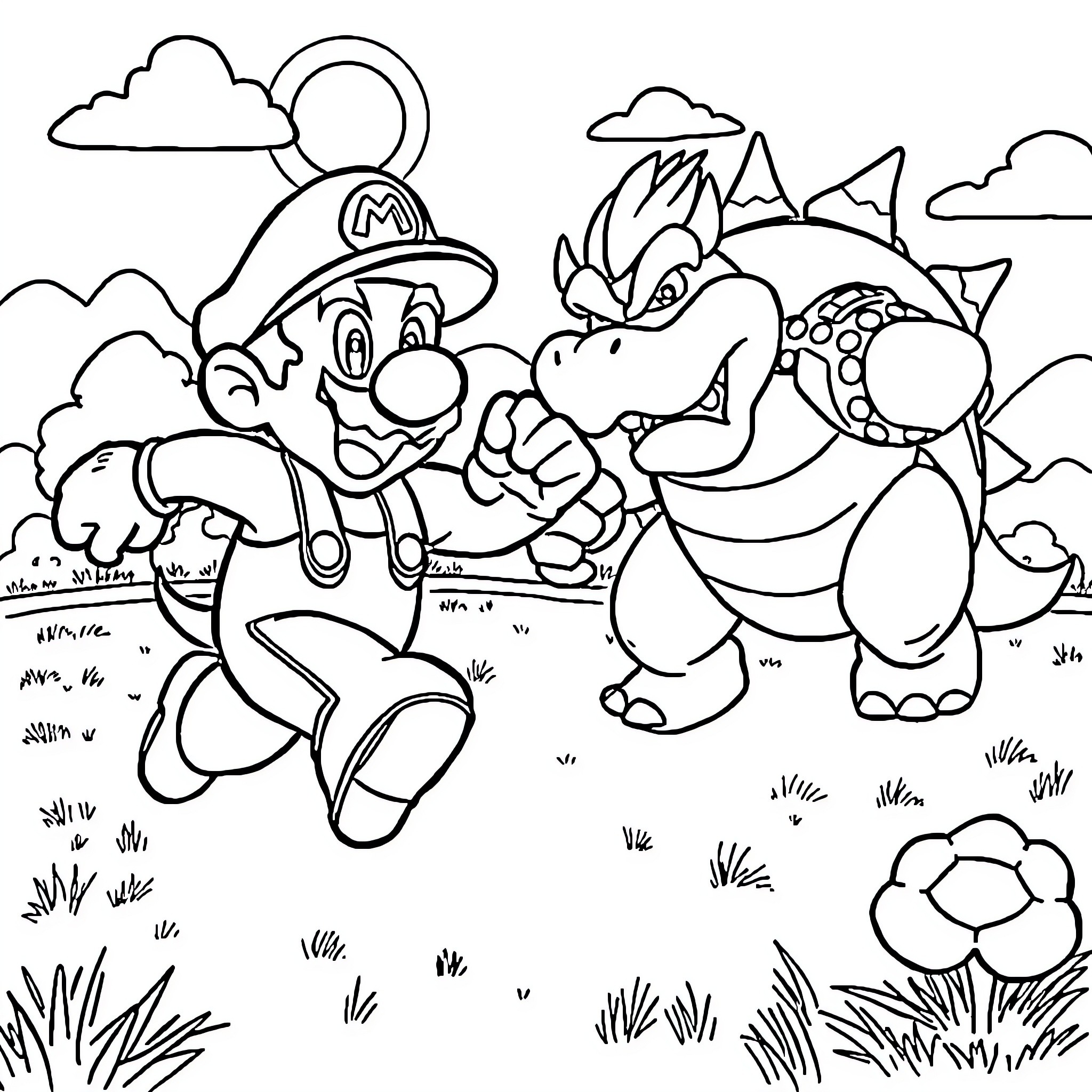 Mario fighting playfully with Bowser in the outdoors Coloring Page (free black-and-white line drawing printable PDF for all, from beginners to advanced learners, including children, teens, adults, and seniors)