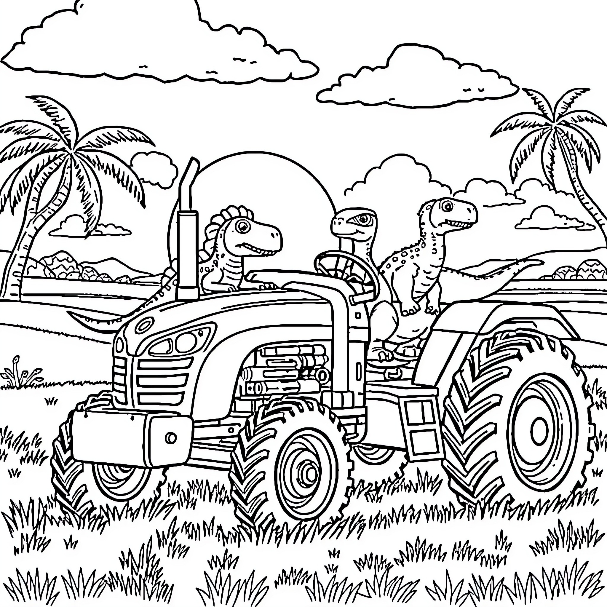 Dinosaur Farmers Driving a Tractor on the Farm Coloring Page (free black-and-white line drawing printable PDF for all, from beginners to advanced learners, including children, teens, adults, and seniors)