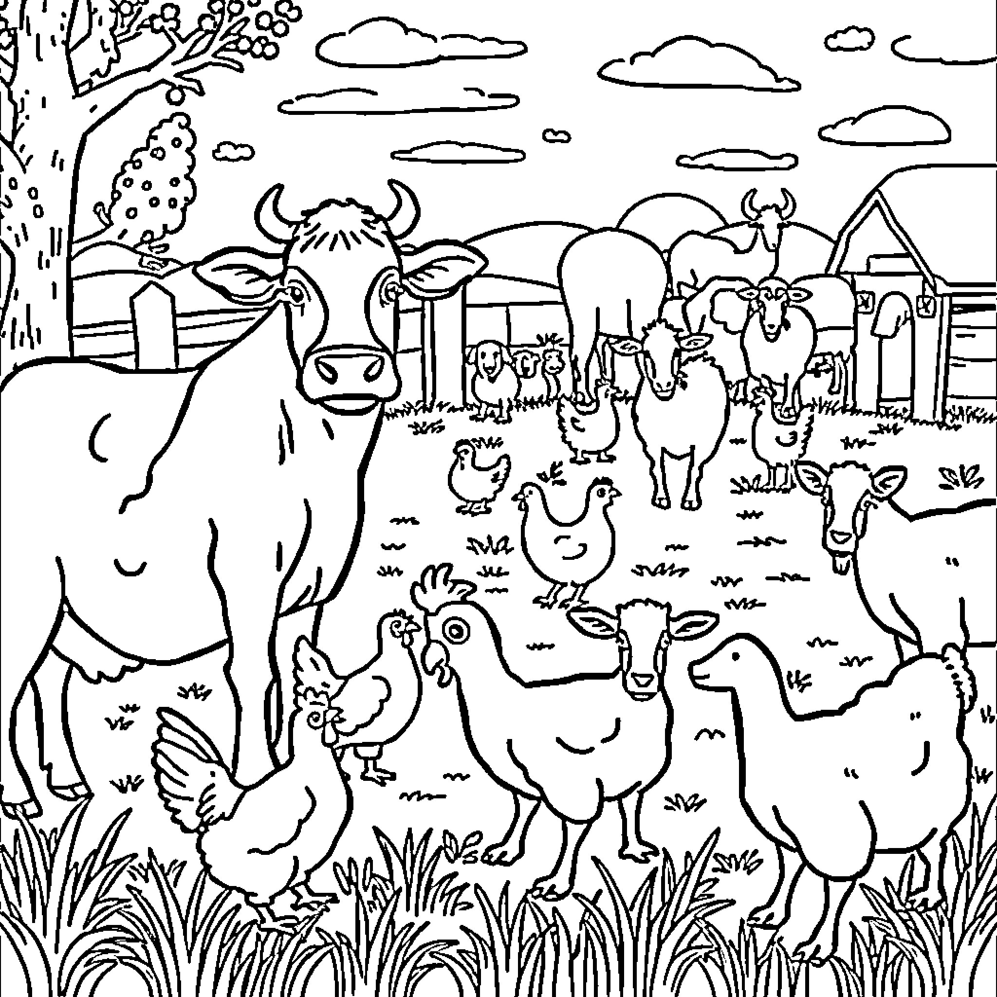 Animal farm scene with various livestock Coloring Page (free black-and-white line drawing printable PDF for all, from beginners to advanced learners, including children, teens, adults, and seniors)