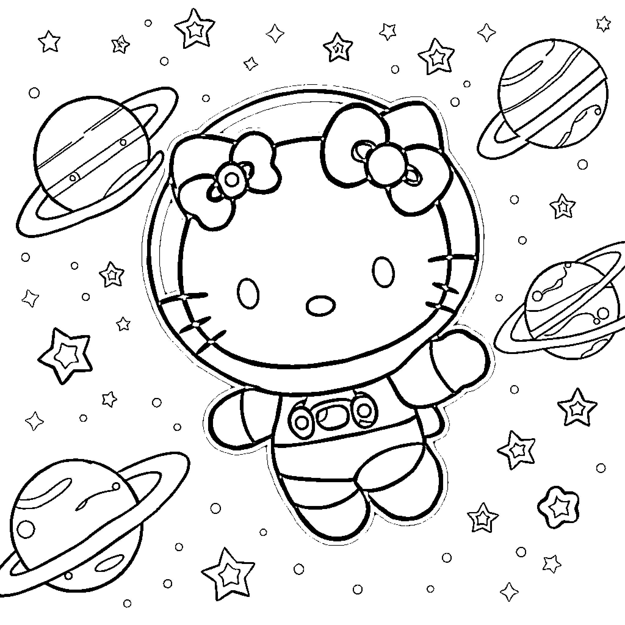 Hello Kitty in Outer Space Adventure Coloring Page (free black-and-white line drawing printable PDF for all, from beginners to advanced learners, including children, teens, adults, and seniors)
