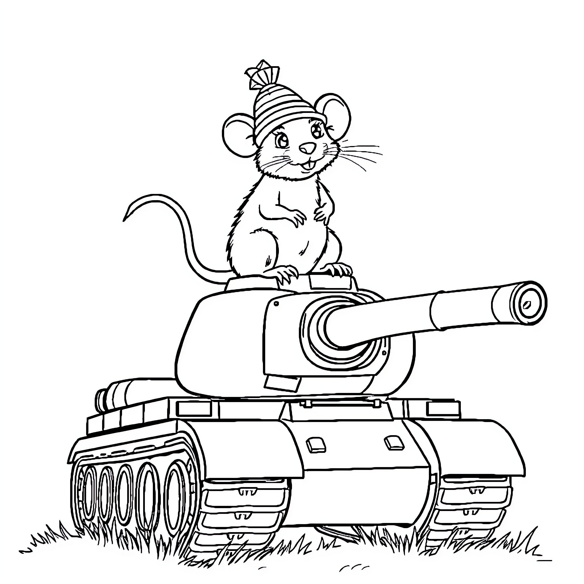 Rat operating a military tank Coloring Page (free black-and-white line drawing printable PDF for all, from beginners to advanced learners, including children, teens, adults, and seniors)