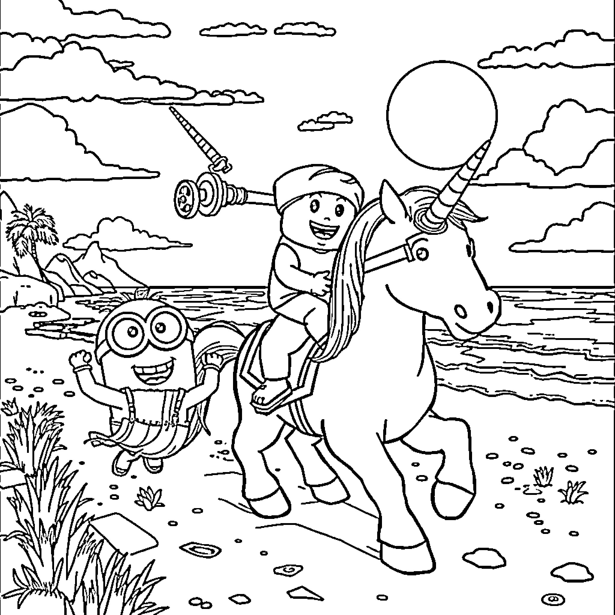 Minions on an Adventure with a Unicorn Coloring Page (free black-and-white line drawing printable PDF for all, from beginners to advanced learners, including children, teens, adults, and seniors)