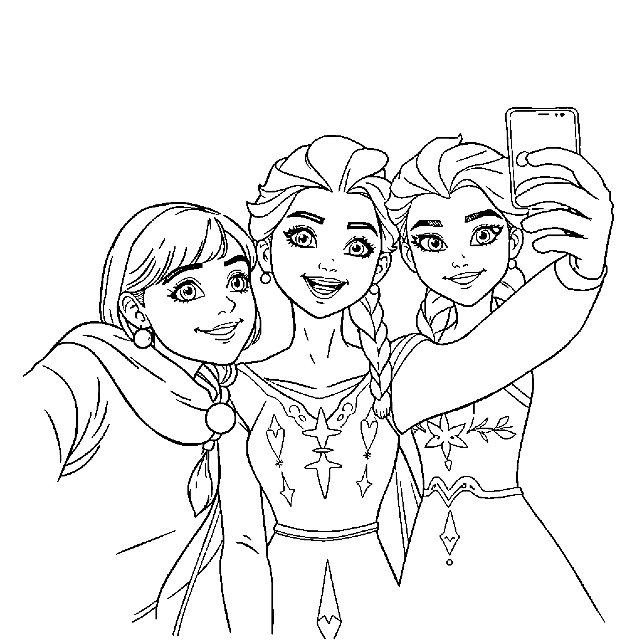 Girls taking a selfie together in winter outfits Coloring Page (free black-and-white line drawing printable PDF for all, from beginners to advanced learners, including children, teens, adults, and seniors)