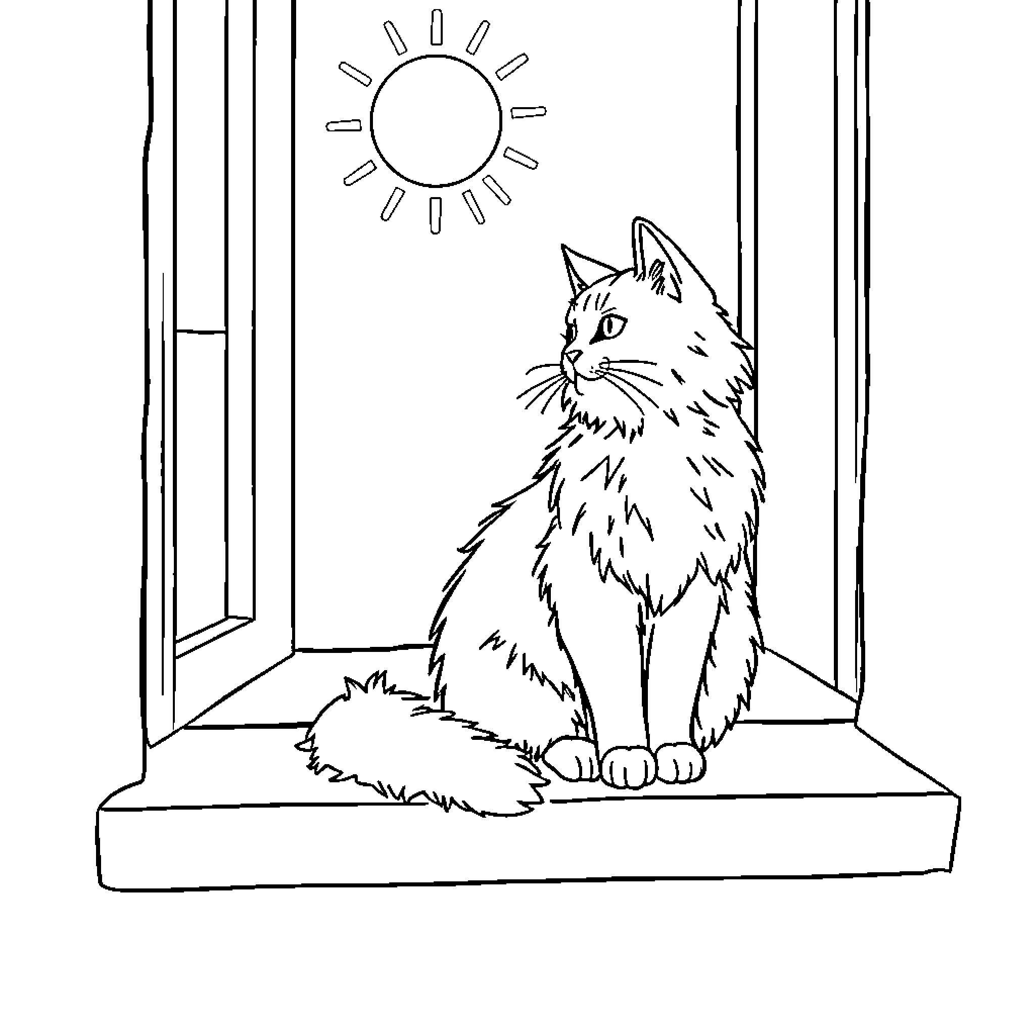 Cat resting peacefully by the window Coloring Page (free black-and-white line drawing printable PDF for all, from beginners to advanced learners, including children, teens, adults, and seniors)
