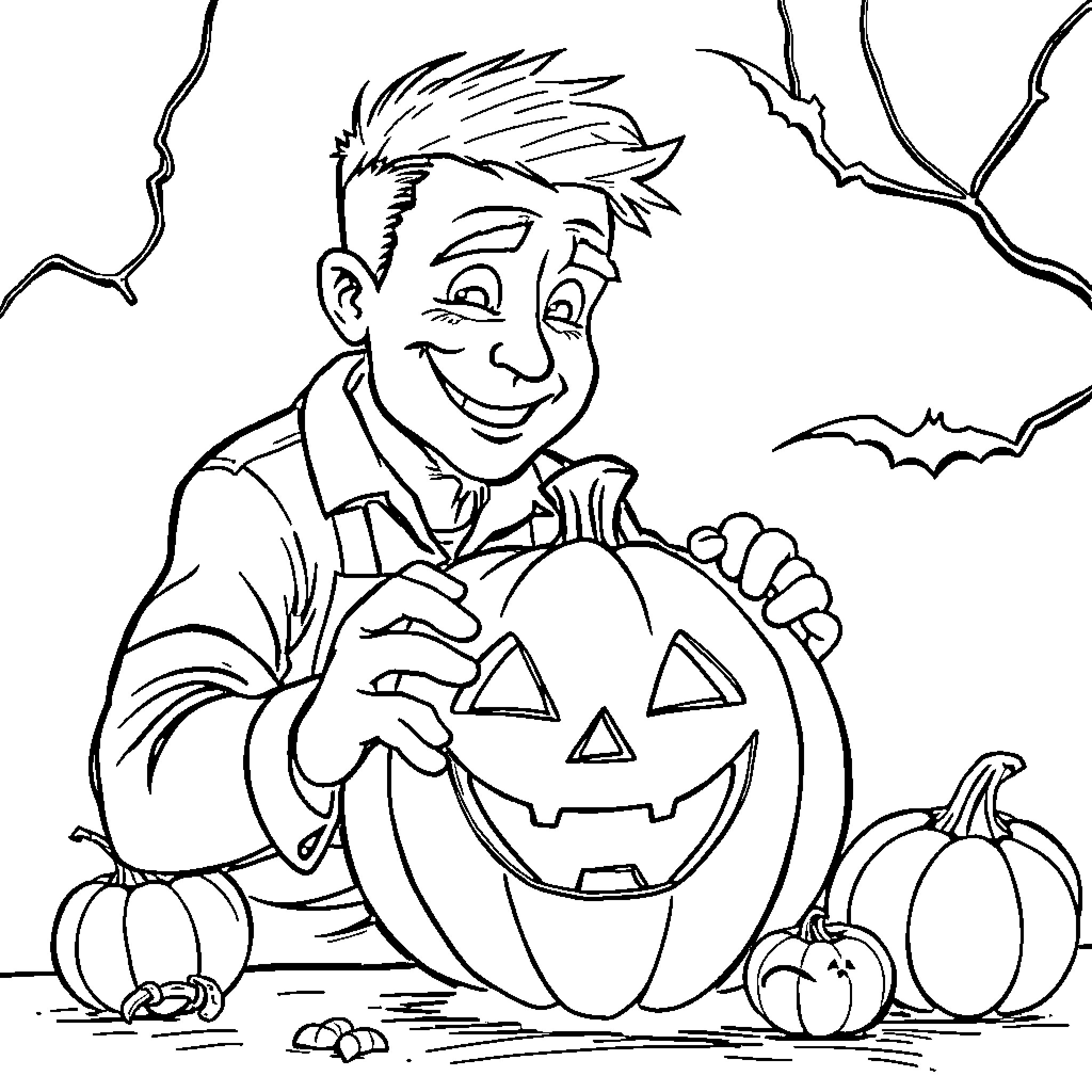 Jack-o'-lantern carving with a cheerful boy Coloring Page (free black-and-white line drawing printable PDF for all, from beginners to advanced learners, including children, teens, adults, and seniors)