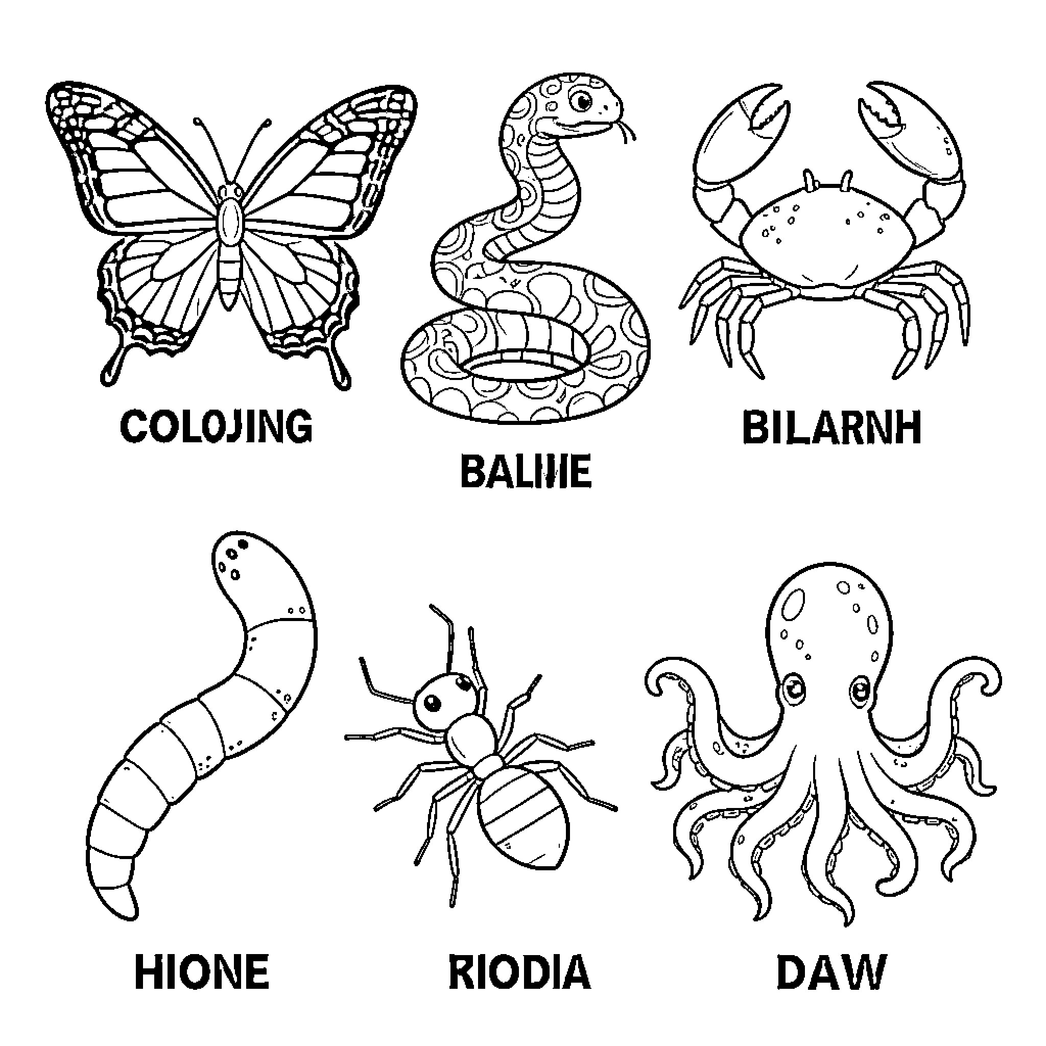Insect and various creatures arranged in a grid Coloring Page (free black-and-white line drawing printable PDF for all, from beginners to advanced learners, including children, teens, adults, and seniors)