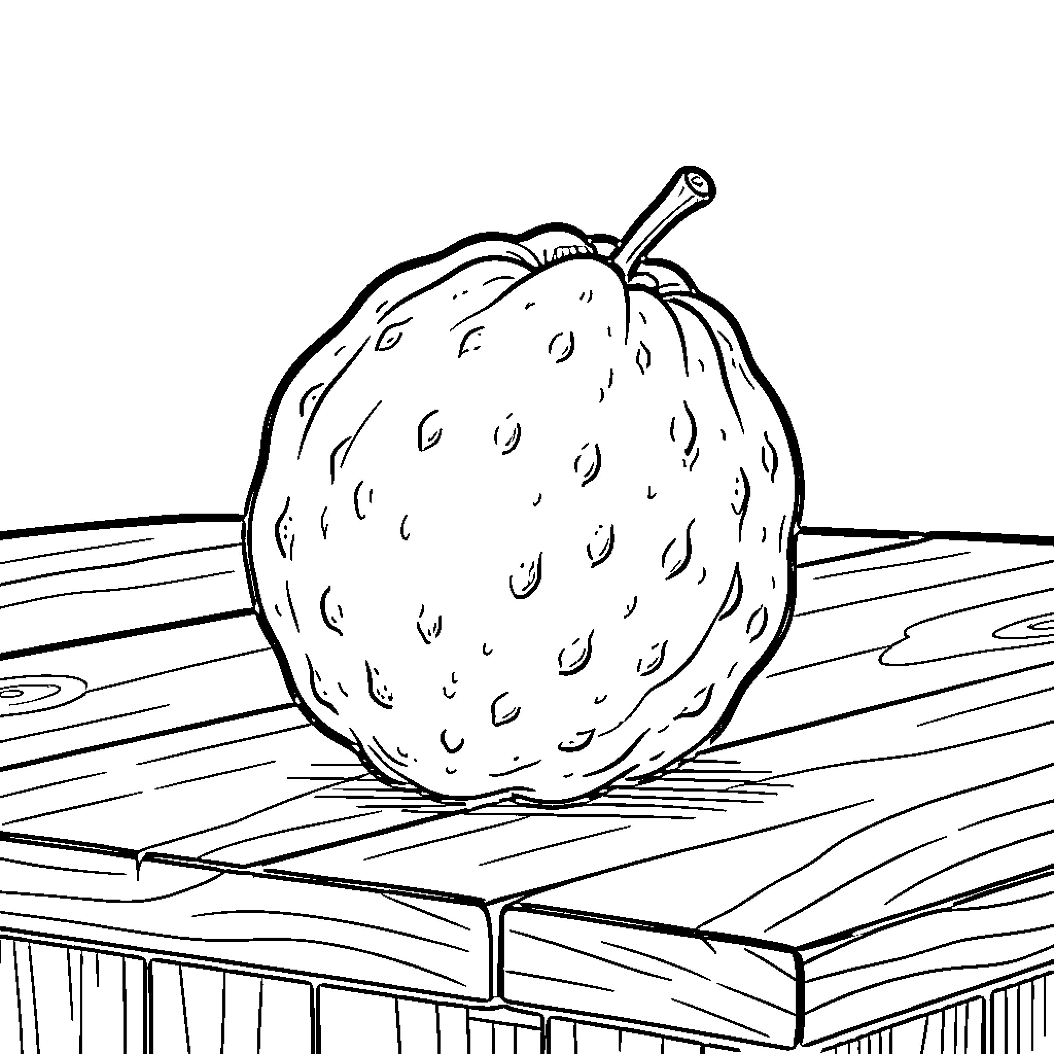 Guava resting on a wooden table surface Coloring Page (free black-and-white line drawing printable PDF for all, from beginners to advanced learners, including children, teens, adults, and seniors)