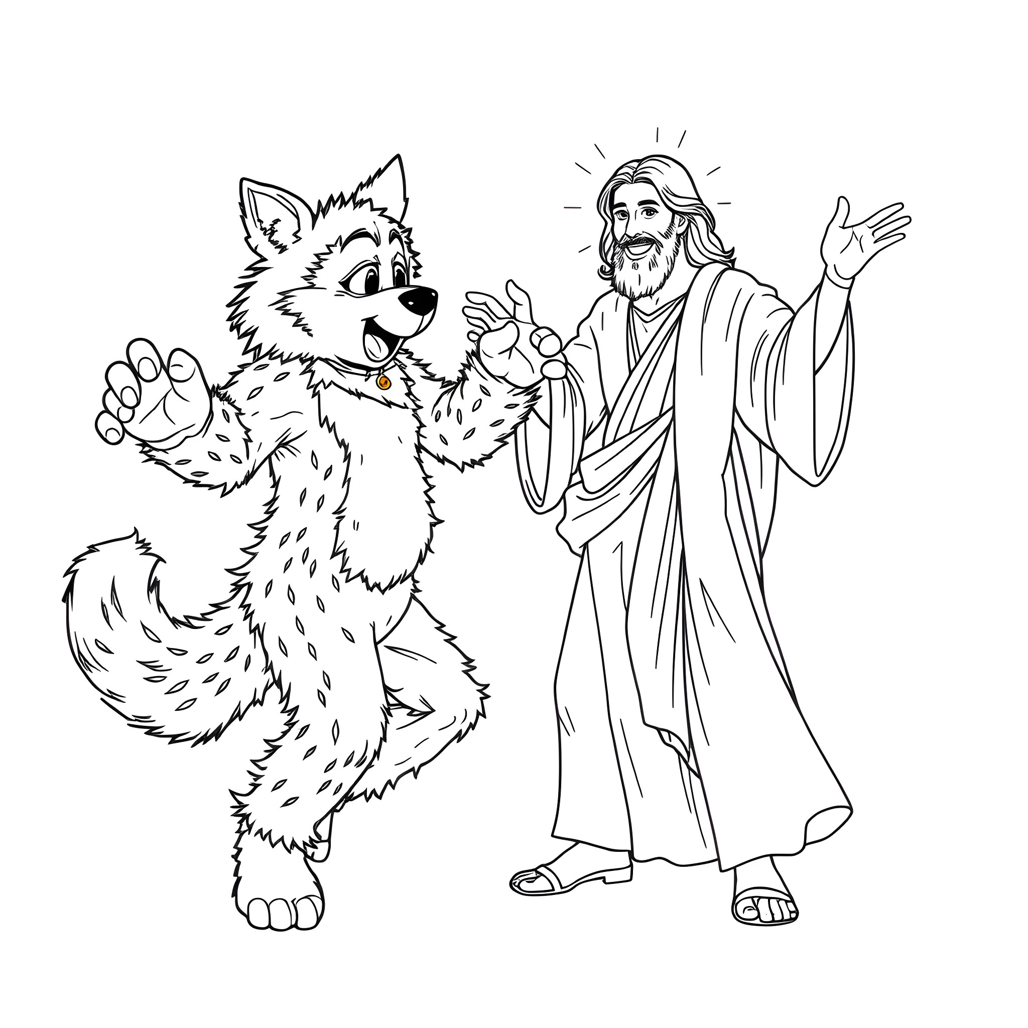 Wolf happily greeting a benevolent figure Coloring Page (free black-and-white line drawing printable PDF for all, from beginners to advanced learners, including children, teens, adults, and seniors)