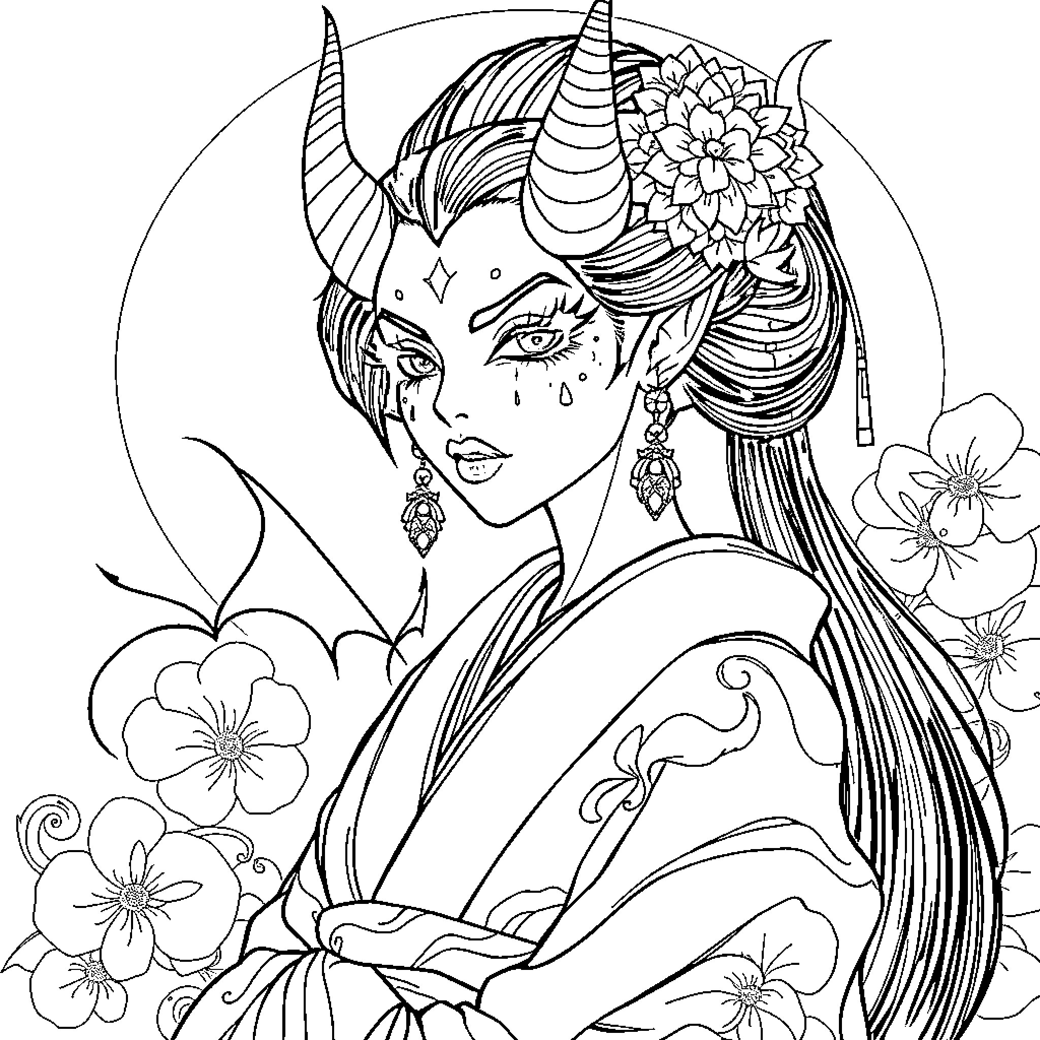 Geisha with Elaborate Headdress and Floral Accents Coloring Page (free black-and-white line drawing printable PDF for all, from beginners to advanced learners, including children, teens, adults, and seniors)
