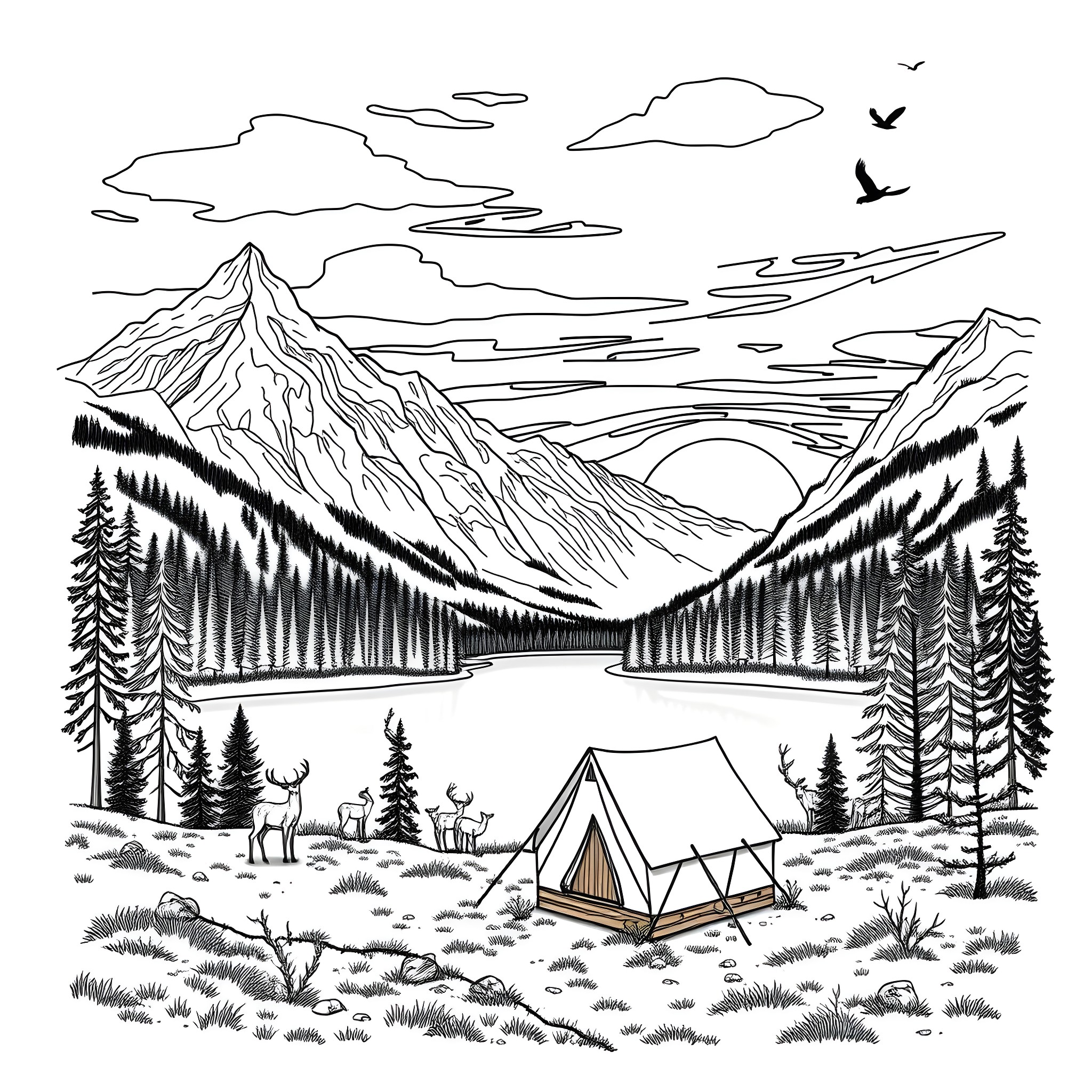 Mountain camping adventure in the wilderness Coloring Page (free black-and-white line drawing printable PDF for all, from beginners to advanced learners, including children, teens, adults, and seniors)