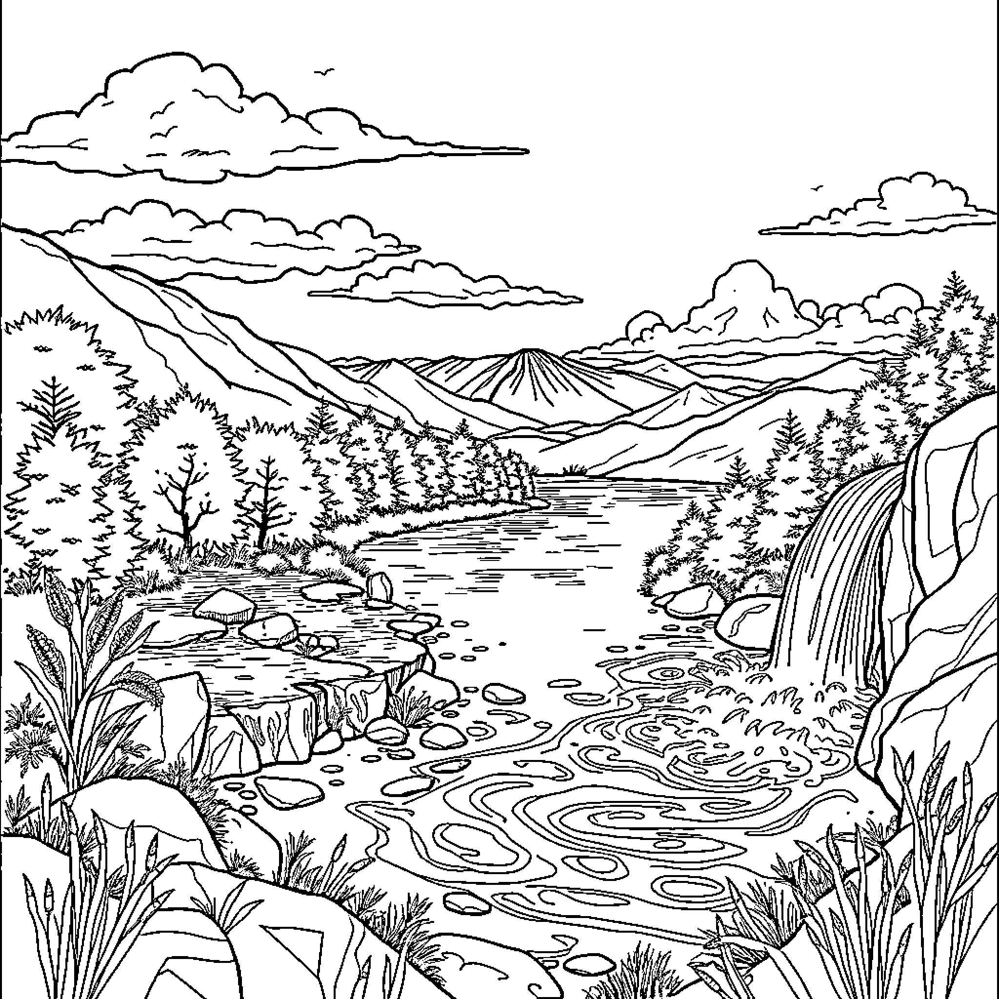 Water landscape with mountain and forest scenery Coloring Page (free black-and-white line drawing printable PDF for all, from beginners to advanced learners, including children, teens, adults, and seniors)