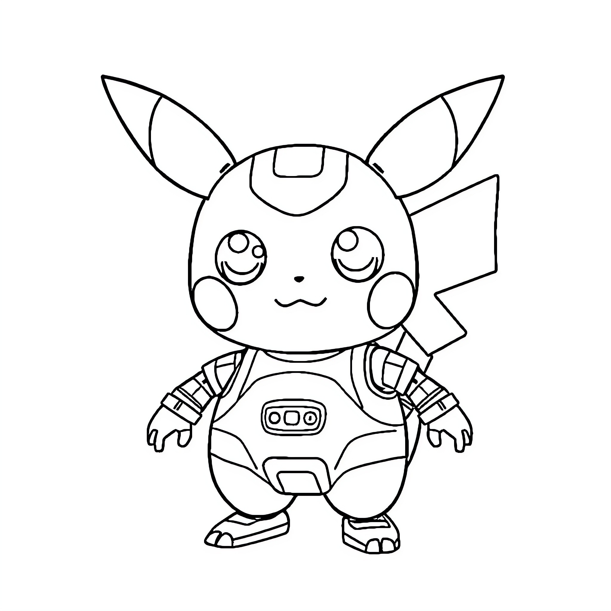 Pikachu wearing a robotic suit Coloring Page (free black-and-white line drawing printable PDF for all, from beginners to advanced learners, including children, teens, adults, and seniors)