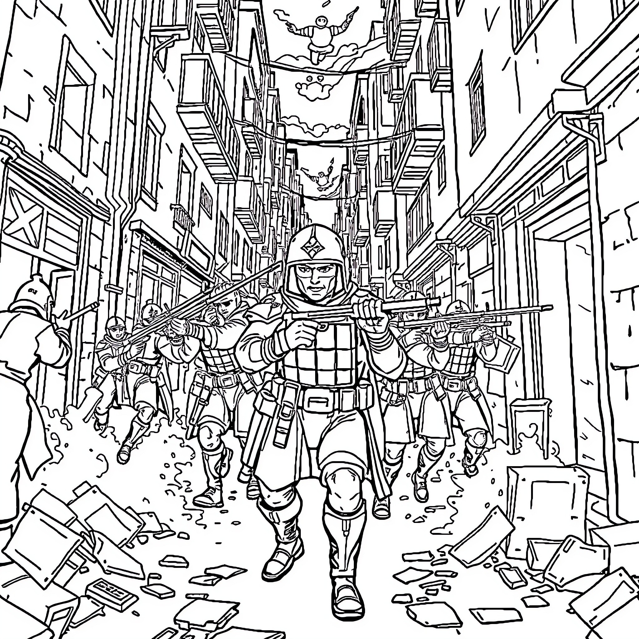Soldier leading a charge through the city streets Coloring Page (free black-and-white line drawing printable PDF for all, from beginners to advanced learners, including children, teens, adults, and seniors)
