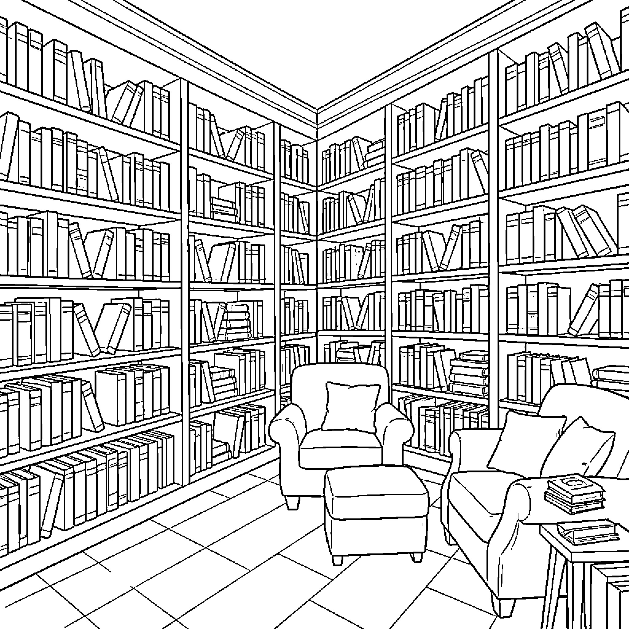 Library filled with bookshelves and cozy reading chairs Coloring Page (free black-and-white line drawing printable PDF for all, from beginners to advanced learners, including children, teens, adults, and seniors)