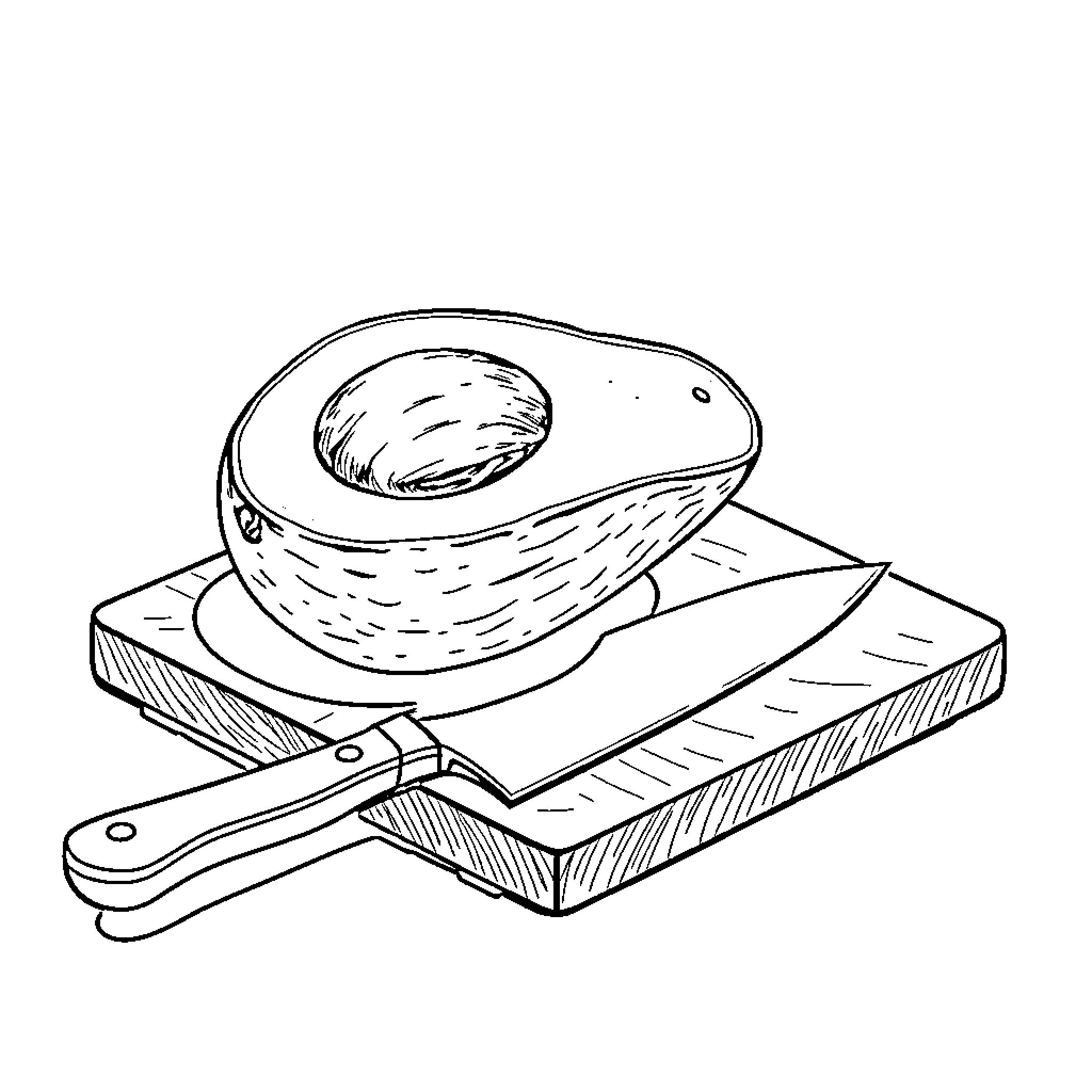 Avocado Cutting Board with Knife Coloring Page (free black-and-white line drawing printable PDF for all, from beginners to advanced learners, including children, teens, adults, and seniors)