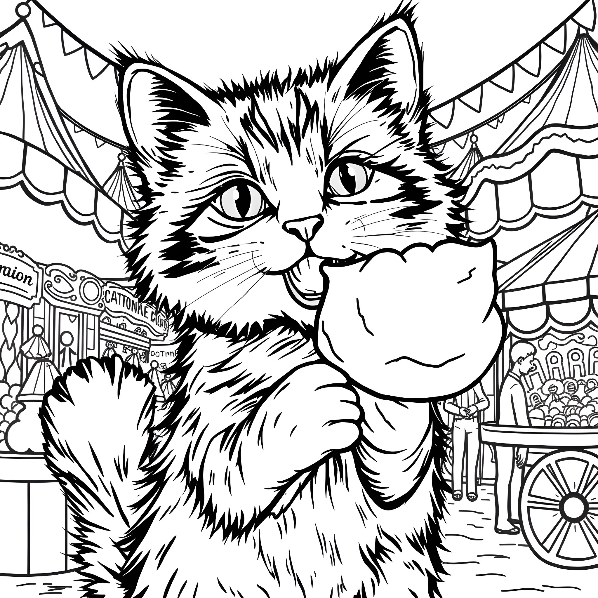 Cat enjoying the carnival atmosphere Coloring Page (free black-and-white line drawing printable PDF for all, from beginners to advanced learners, including children, teens, adults, and seniors)