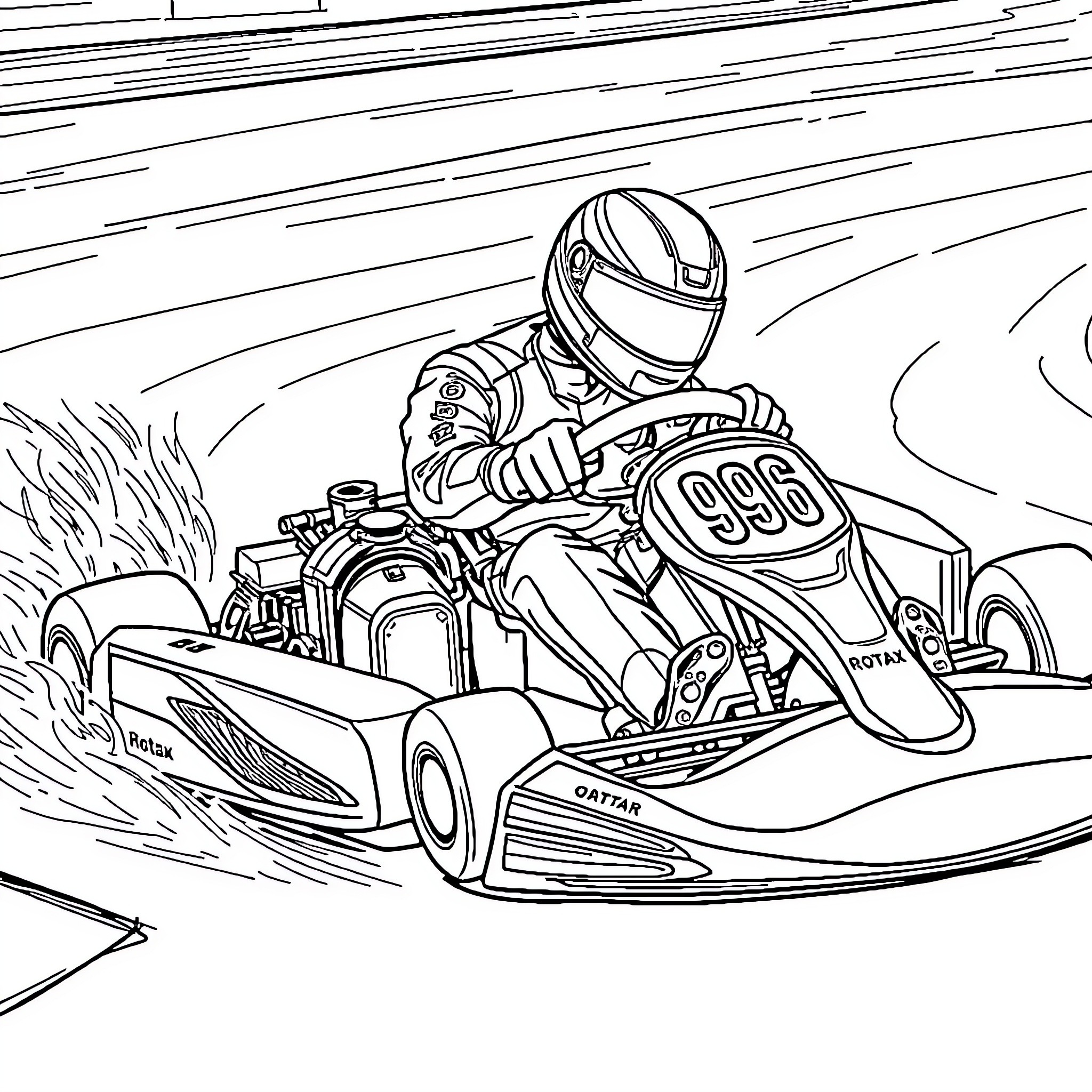 Gokart racing through the track with speed Coloring Page (free black-and-white line drawing printable PDF for all, from beginners to advanced learners, including children, teens, adults, and seniors)