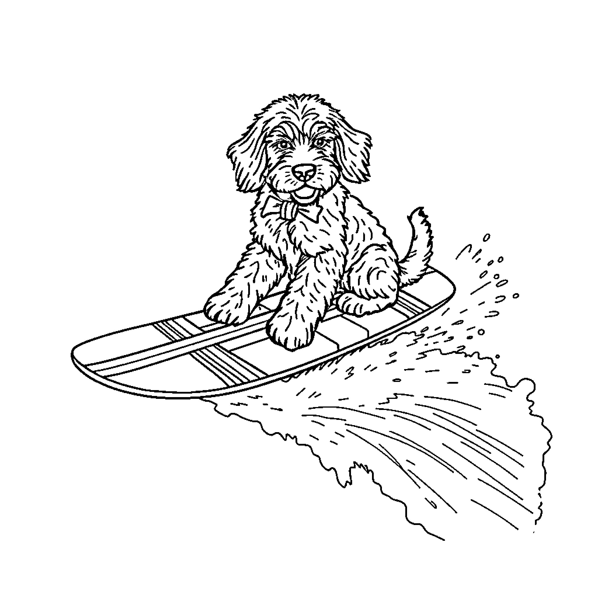 Surfboard-riding puppy in playful motion Coloring Page (free black-and-white line drawing printable PDF for all, from beginners to advanced learners, including children, teens, adults, and seniors)