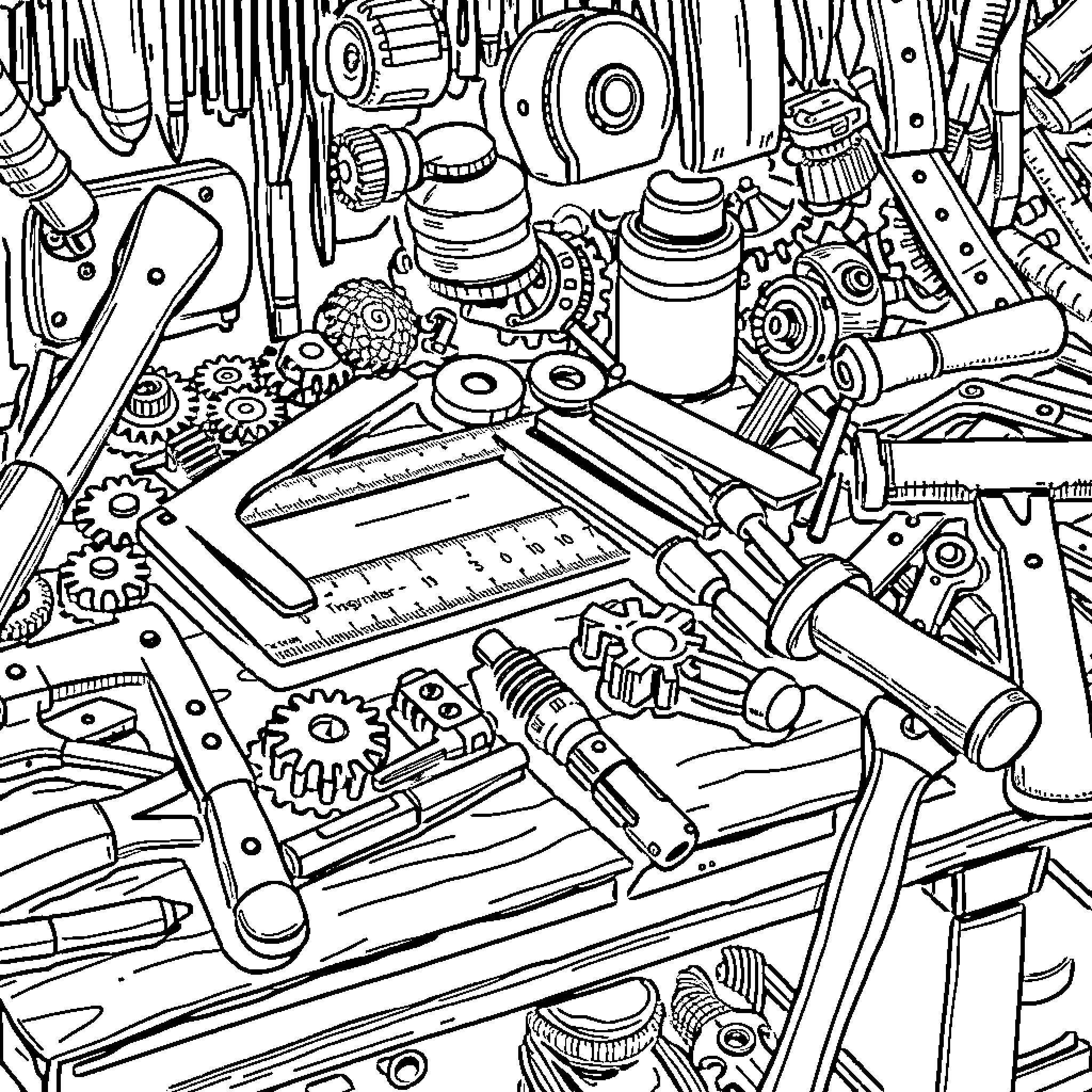 Tool Assortment of Mechanical Parts and Accessories Coloring Page (free black-and-white line drawing printable PDF for all, from beginners to advanced learners, including children, teens, adults, and seniors)