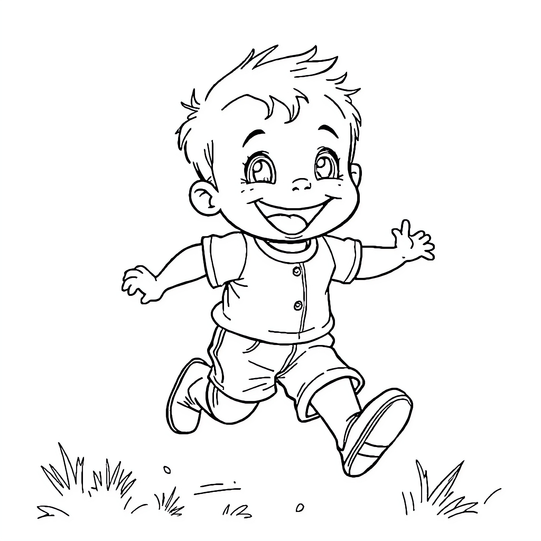 Toddler happily running through grassy field Coloring Page (free black-and-white line drawing printable PDF for all, from beginners to advanced learners, including children, teens, adults, and seniors)