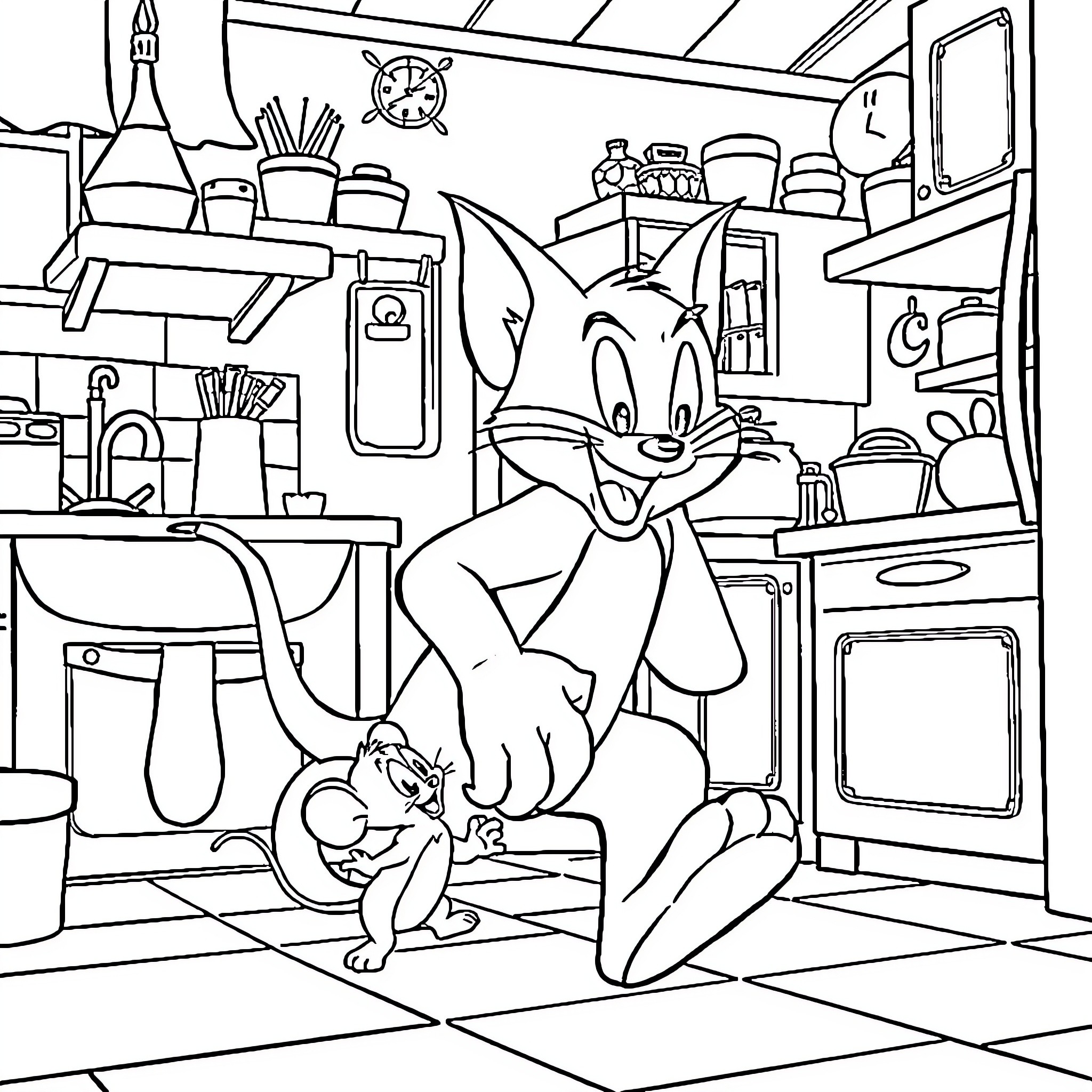 Tom and Jerry's Chaotic Kitchen Adventure Coloring Page (free black-and-white line drawing printable PDF for all, from beginners to advanced learners, including children, teens, adults, and seniors)