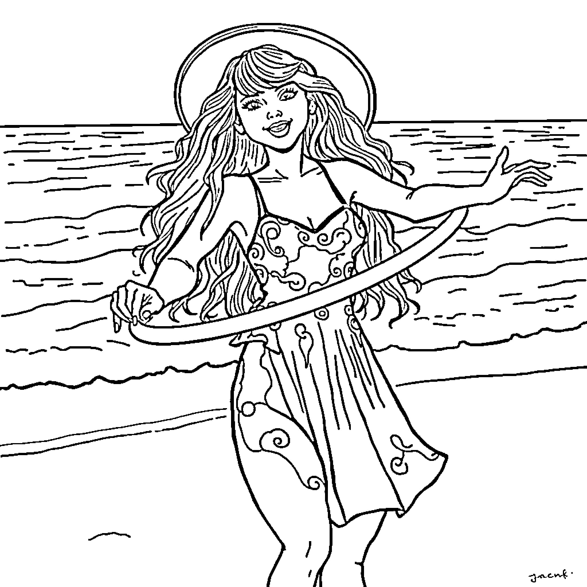 Taylor Swift surfing joyfully in the ocean Coloring Page (free black-and-white line drawing printable PDF for all, from beginners to advanced learners, including children, teens, adults, and seniors)